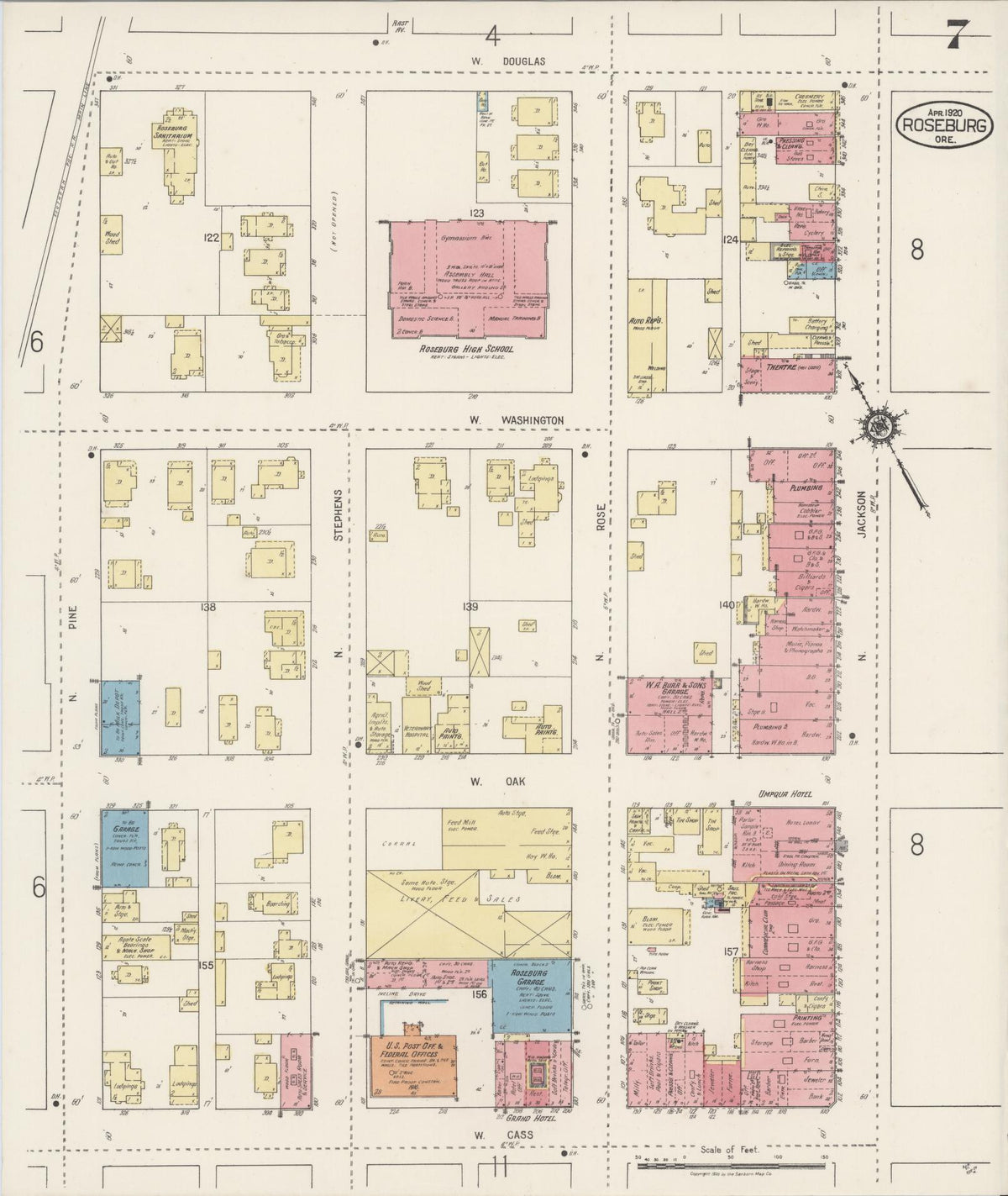Sanborn Fire Insurance Map from Roseburg, Douglas County, Oregon (1920), Sheet #0007 - Historic Sanborn Fire Insurance Map Print, vintage old map wall art, antique decor, genealogy gift, Oregon Oregon map