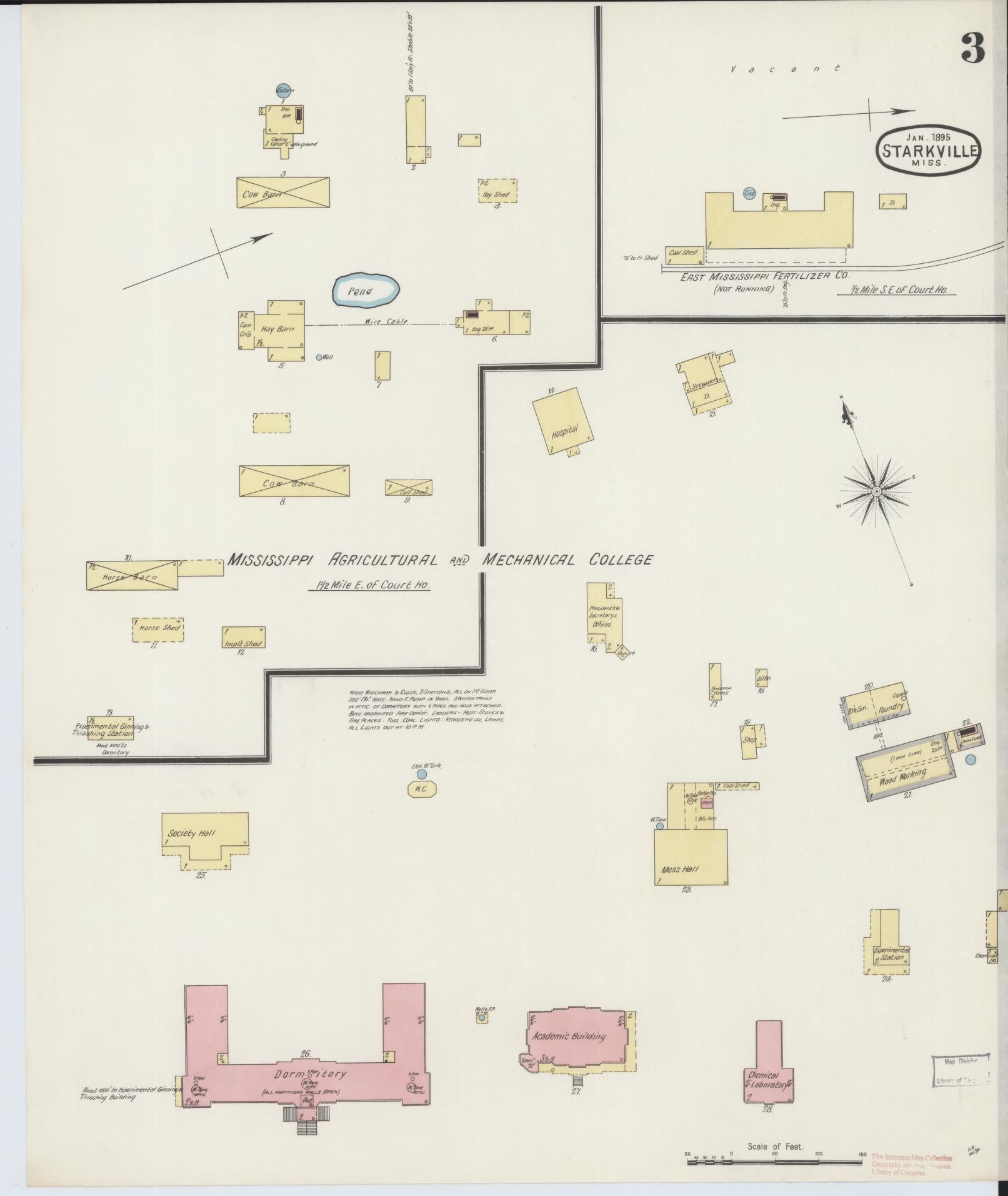 Sanborn Fire Insurance Map from Starkville, Oktibbeha County, Mississippi (1895), Sheet #0003 - Historic Sanborn Fire Insurance Map Print, vintage old map wall art, antique decor, genealogy gift, Mississippi Mississippi map