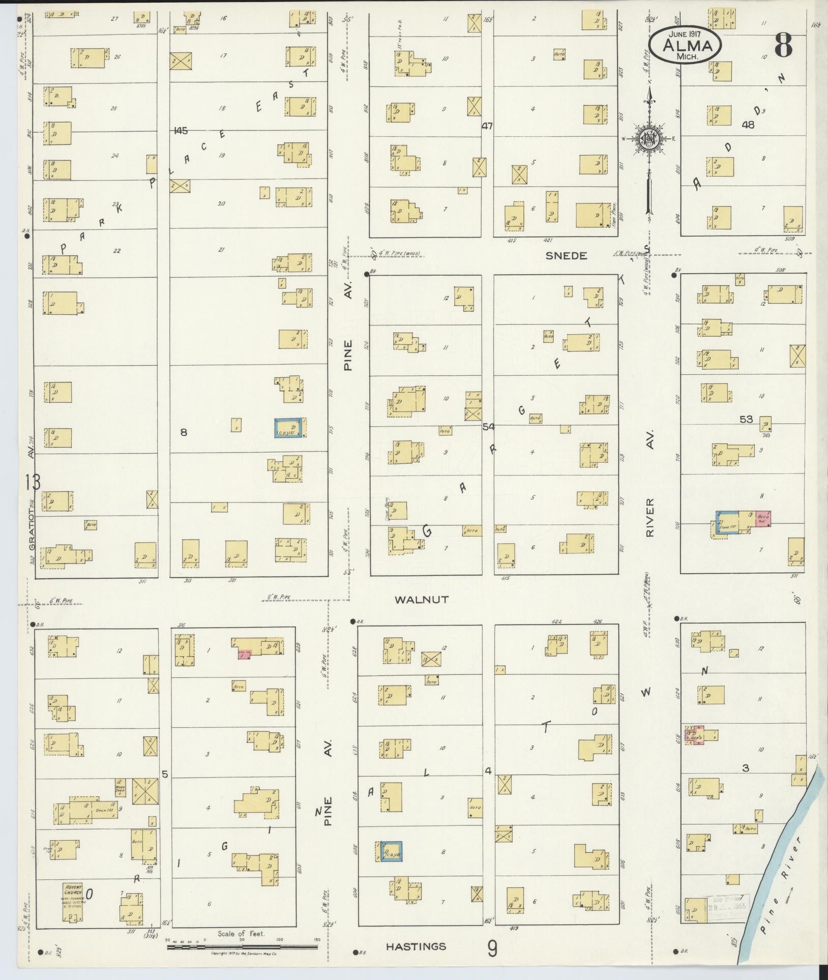 Sanborn Fire Insurance Map from Alma, Gratiot County, Michigan (1917), Sheet #0008 - Historic Sanborn Fire Insurance Map Print, vintage old map wall art, antique decor, genealogy gift, Michigan Michigan map