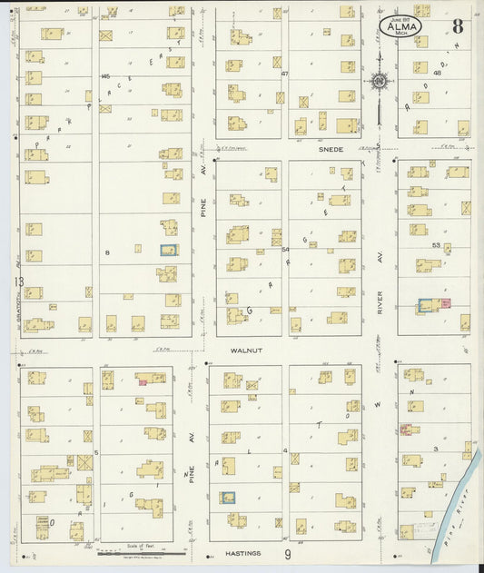 Sanborn Fire Insurance Map from Alma, Gratiot County, Michigan (1917), Sheet #0008 - Historic Sanborn Fire Insurance Map Print, vintage old map wall art, antique decor, genealogy gift, Michigan Michigan map