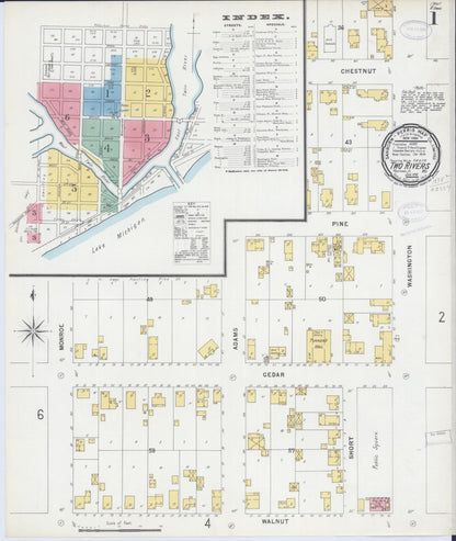 Sanborn Fire Insurance Map from Two Rivers, Manitowoc County, Wisconsin (1898), Sheet #0001 - Historic Sanborn Fire Insurance Map Print, vintage old map wall art, antique decor, genealogy gift, Wisconsin Wisconsin map