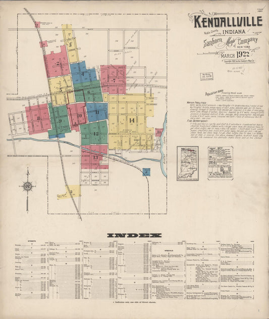 Sanborn Fire Insurance Map from Kendallville, Noble County, Indiana (1922), Sheet #0001 - Historic Sanborn Fire Insurance Map Print, vintage old map wall art, antique decor, genealogy gift, Indiana Indiana map