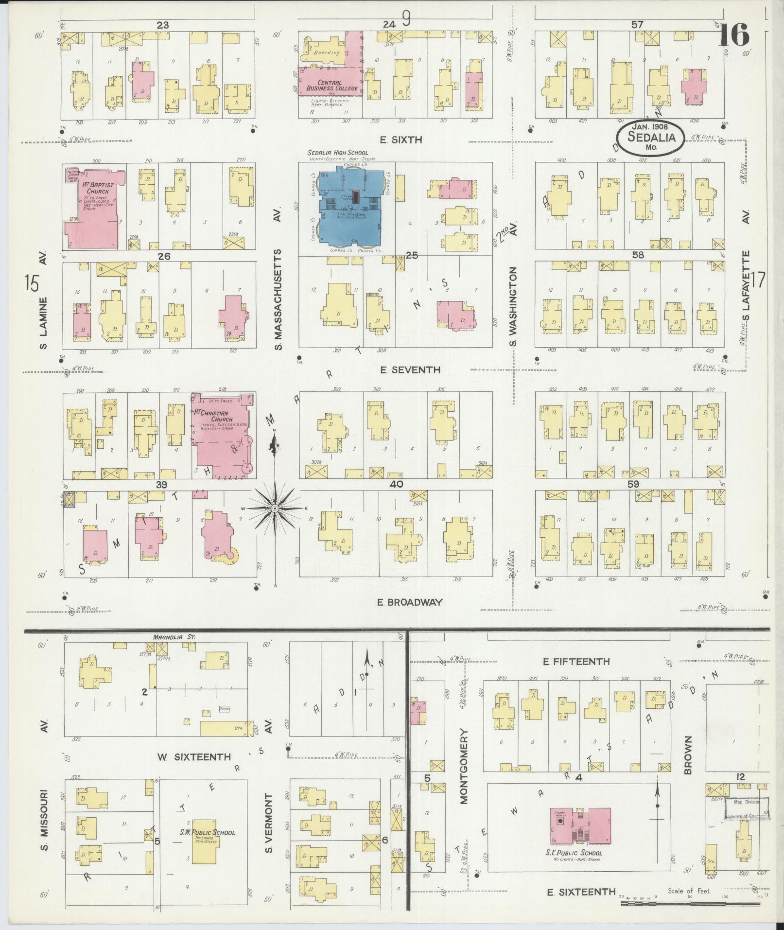 Sanborn Fire Insurance Map from Sedalia, Pettis County, Missouri (1908), Sheet #0016 - Historic Sanborn Fire Insurance Map Print, vintage old map wall art, antique decor, genealogy gift, Missouri Missouri map
