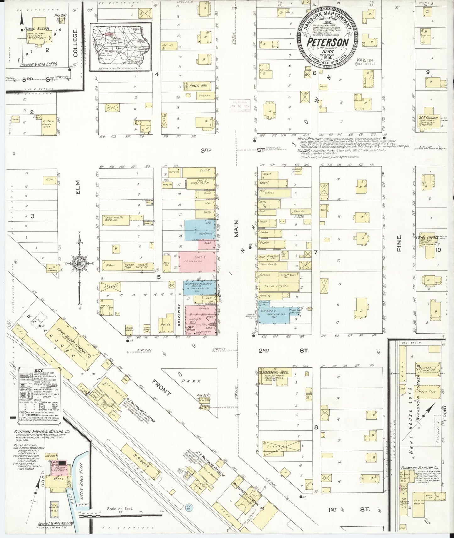 Sanborn Fire Insurance Map from Peterson, Clay County, Iowa (1914), Sheet #0001 - Historic Sanborn Fire Insurance Map Print, vintage old map wall art