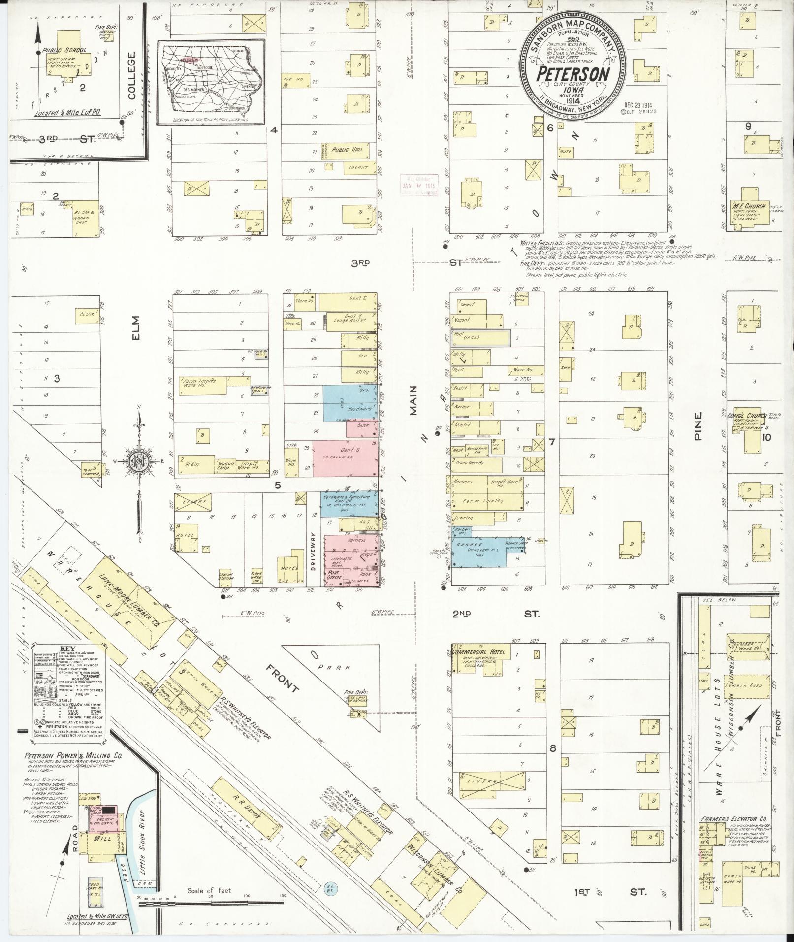 Sanborn Fire Insurance Map from Peterson, Clay County, Iowa (1914), Sheet #0001 - Historic Sanborn Fire Insurance Map Print, vintage old map wall art