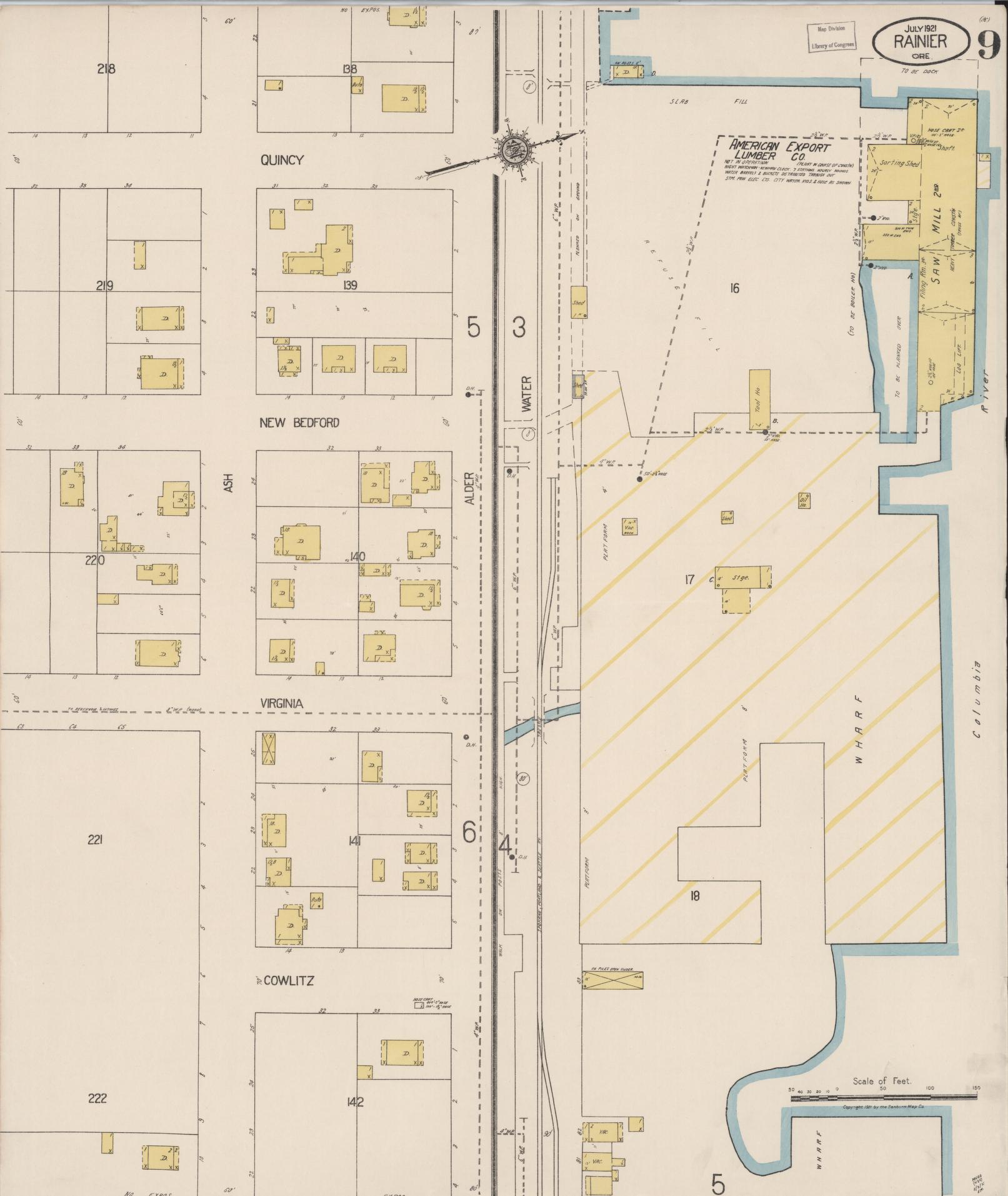 Sanborn Fire Insurance Map from Rainier, Columbia County, Oregon (1921), Sheet #0009 - Complete Map Set gallery image, historic Sanborn map, vintage wall art, Oregon Oregon
