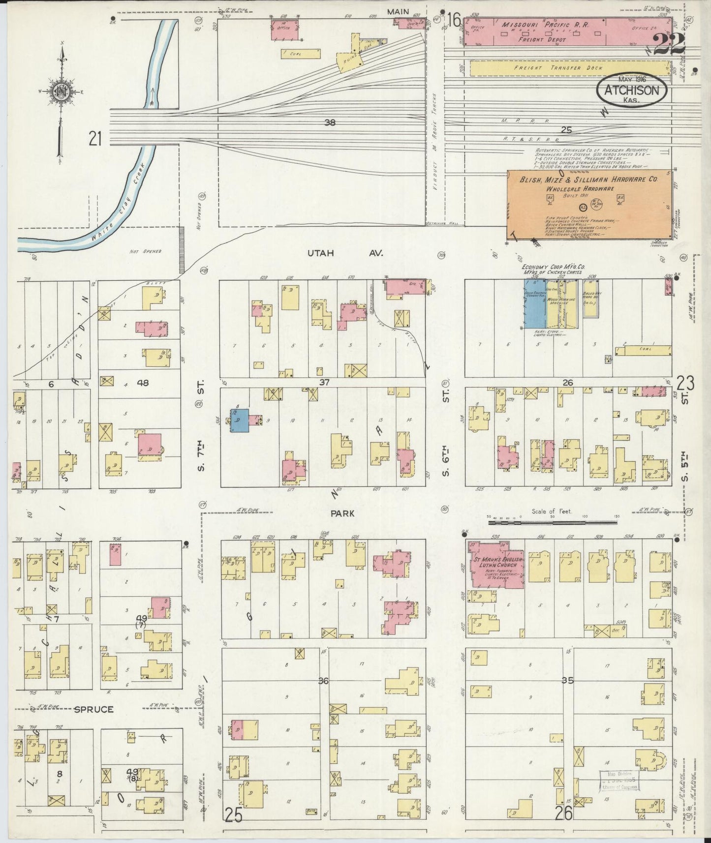 Sanborn Fire Insurance Map from Atchison, Atchison County, Kansas (1916), Sheet #0022 - Historic Sanborn Fire Insurance Map Print, vintage old map wall art, antique decor, genealogy gift, Kansas Kansas map