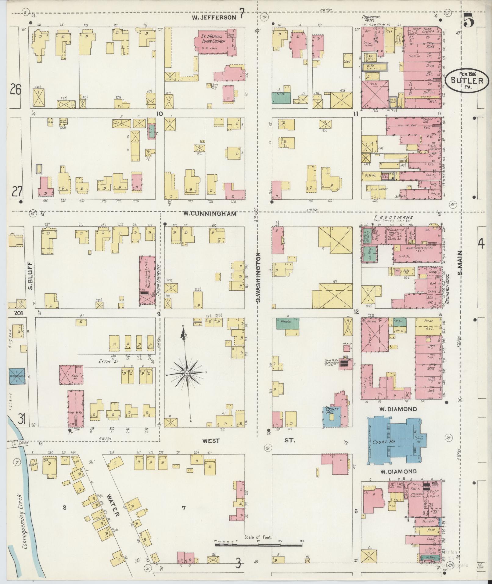 Sanborn Fire Insurance Map from Butler, Butler County, Pennsylvania (1906), Sheet #0005 - Historic Sanborn Fire Insurance Map Print, vintage old map wall art, antique decor, genealogy gift, Pennsylvania Pennsylvania map