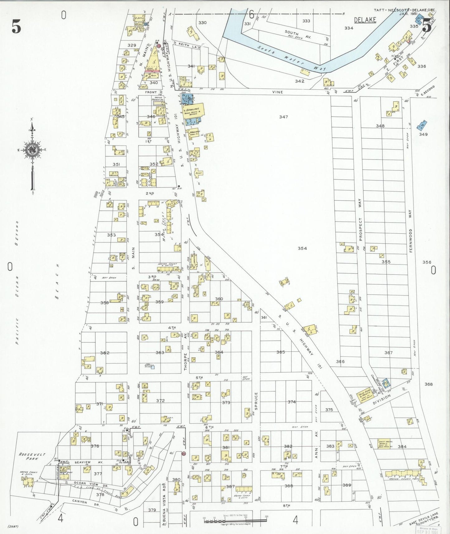 Sanborn Fire Insurance Map from Taft, Lincoln County, Oregon (1951), Sheet #0005 - Complete Map Set gallery image, historic Sanborn map, vintage wall art, Oregon Oregon
