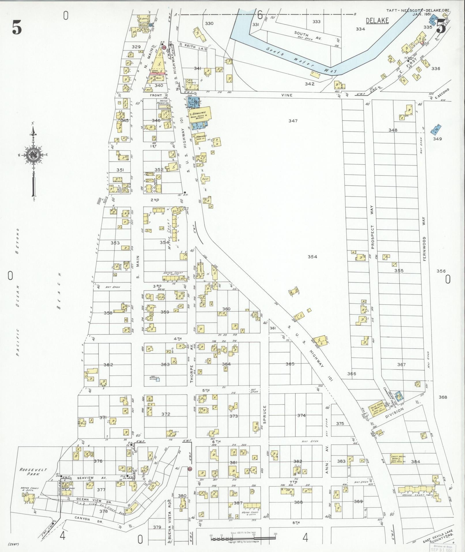 Sanborn Fire Insurance Map from Taft, Lincoln County, Oregon (1951), Sheet #0005 - Complete Map Set gallery image, historic Sanborn map, vintage wall art, Oregon Oregon