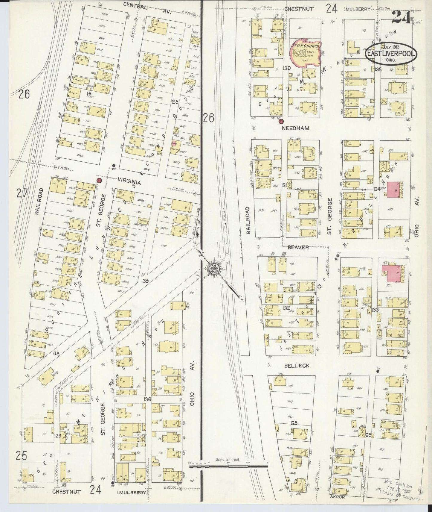 Sanborn Fire Insurance Map from East Liverpool, Columbiana County, Ohio (1913), Sheet #0024 - Historic Sanborn Fire Insurance Map Print, vintage old map wall art, antique decor, genealogy gift, Ohio Ohio map