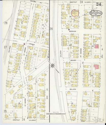Sanborn Fire Insurance Map from East Liverpool, Columbiana County, Ohio (1913), Sheet #0024 - Historic Sanborn Fire Insurance Map Print, vintage old map wall art, antique decor, genealogy gift, Ohio Ohio map