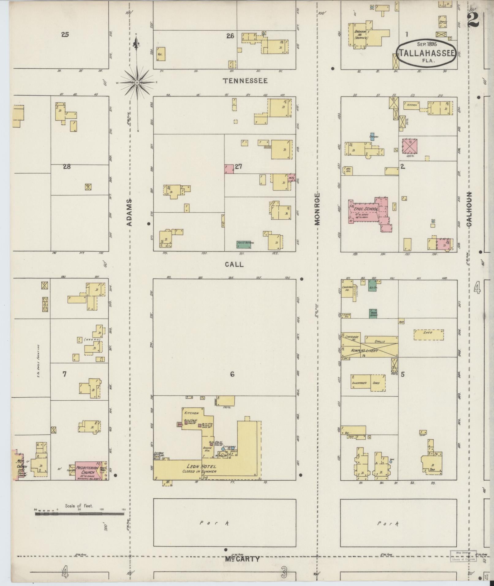 Sanborn Fire Insurance Map from Tallahassee, Leon County, Florida (1895), Sheet #0002 - Complete Map Set gallery image, historic Sanborn map, vintage wall art, Florida Florida