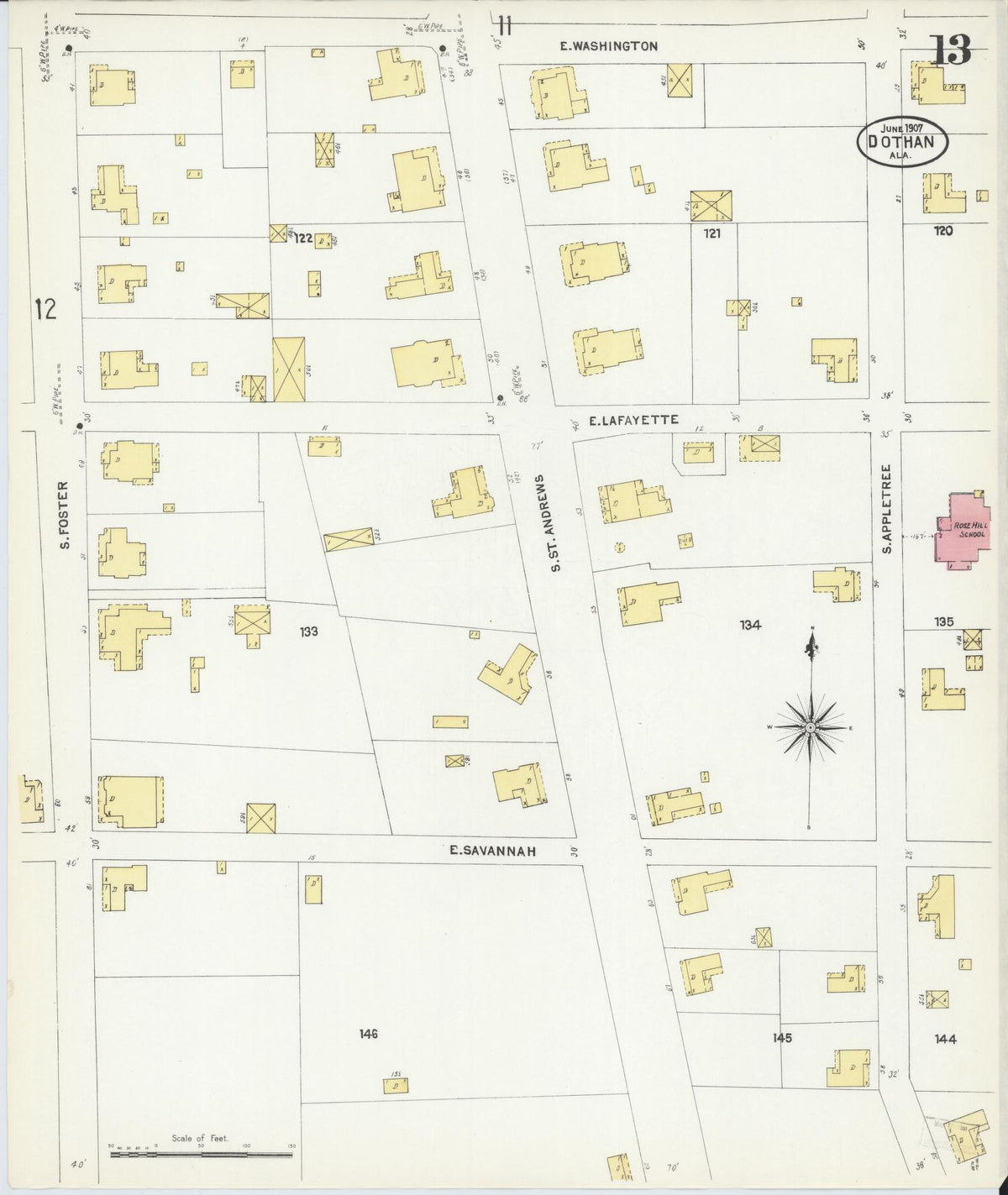Sanborn Fire Insurance Map from Dothan, Houston County, Alabama (1907), Sheet #0013 - Historic Sanborn Fire Insurance Map Print, vintage old map wall art, antique decor, genealogy gift, Alabama Alabama map