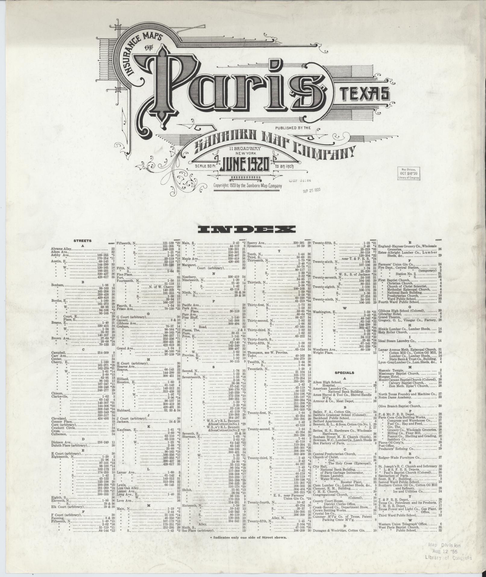 Sanborn Fire Insurance Map from Paris, Lamar County, Texas. (1920) – Historic Sanborn Fire Insurance Map Print
