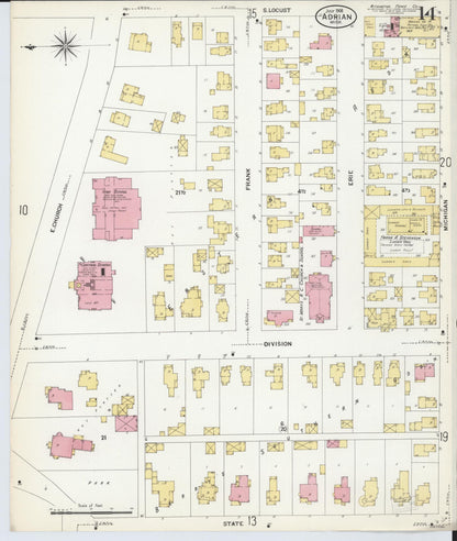 Sanborn Fire Insurance Map from Adrian, Lenawee County, Michigan (1908), Sheet #0014 - Historic Sanborn Fire Insurance Map Print, vintage old map wall art, antique decor, genealogy gift, Michigan Michigan map