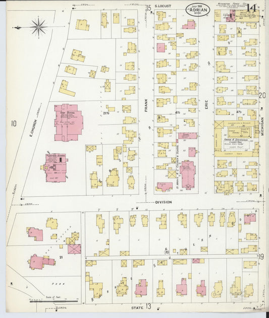 Sanborn Fire Insurance Map from Adrian, Lenawee County, Michigan (1908), Sheet #0014 - Historic Sanborn Fire Insurance Map Print, vintage old map wall art, antique decor, genealogy gift, Michigan Michigan map