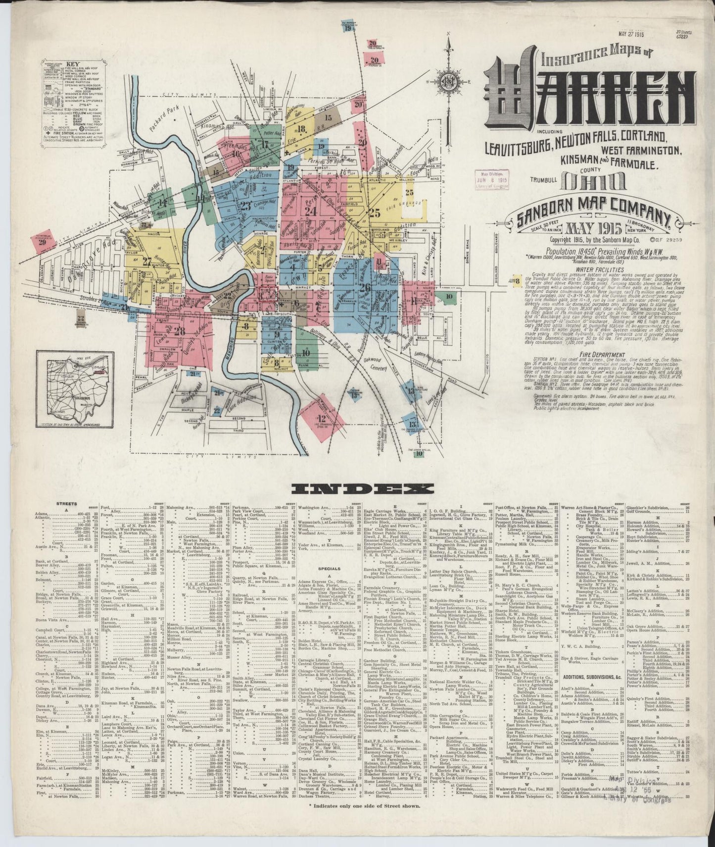 Sanborn Fire Insurance Map from Warren, Trumbull County, Ohio (1915), Sheet #0001 - Historic Sanborn Fire Insurance Map Print, vintage old map wall art, antique decor, genealogy gift, Ohio Ohio map