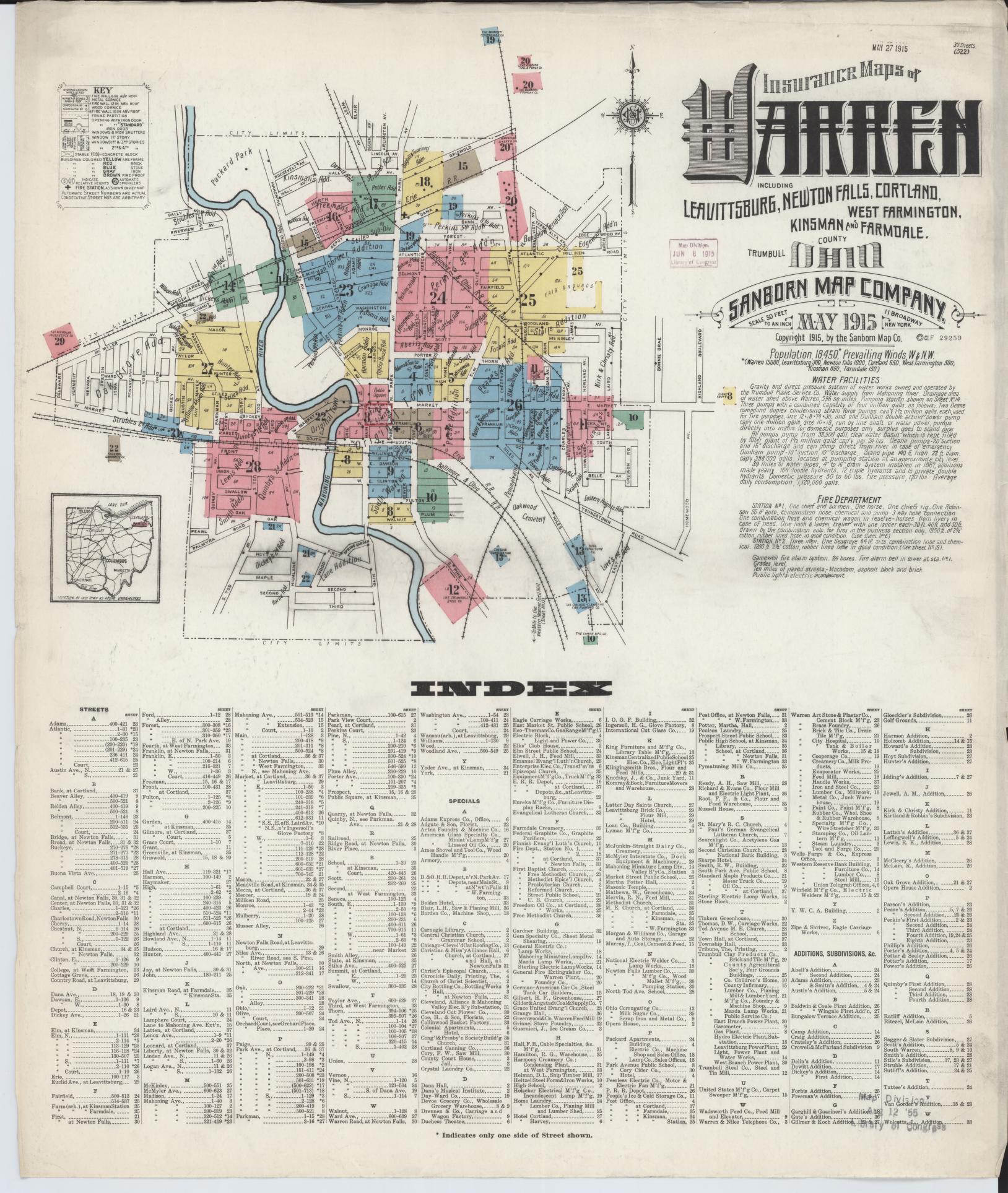 Sanborn Fire Insurance Map from Warren, Trumbull County, Ohio (1915), Sheet #0001 - Historic Sanborn Fire Insurance Map Print, vintage old map wall art, antique decor, genealogy gift, Ohio Ohio map