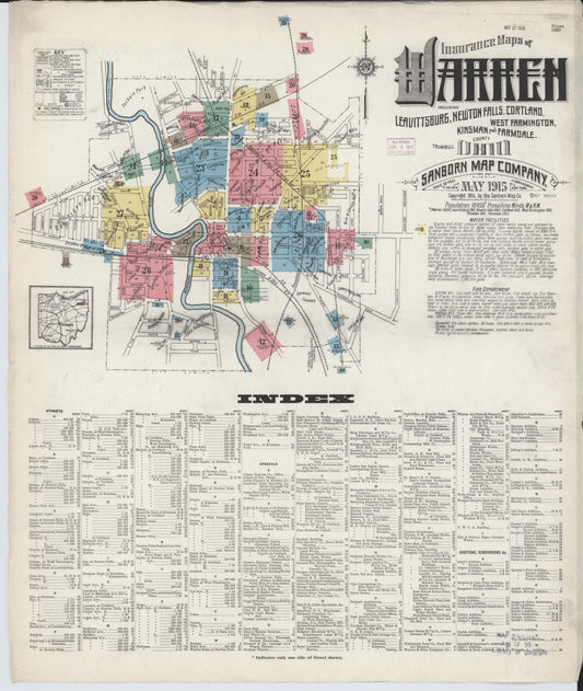 Sanborn Fire Insurance Map from Warren, Trumbull County, Ohio (1915), Sheet #0001 - Historic Sanborn Fire Insurance Map Print, vintage old map wall art, antique decor, genealogy gift, Ohio Ohio map