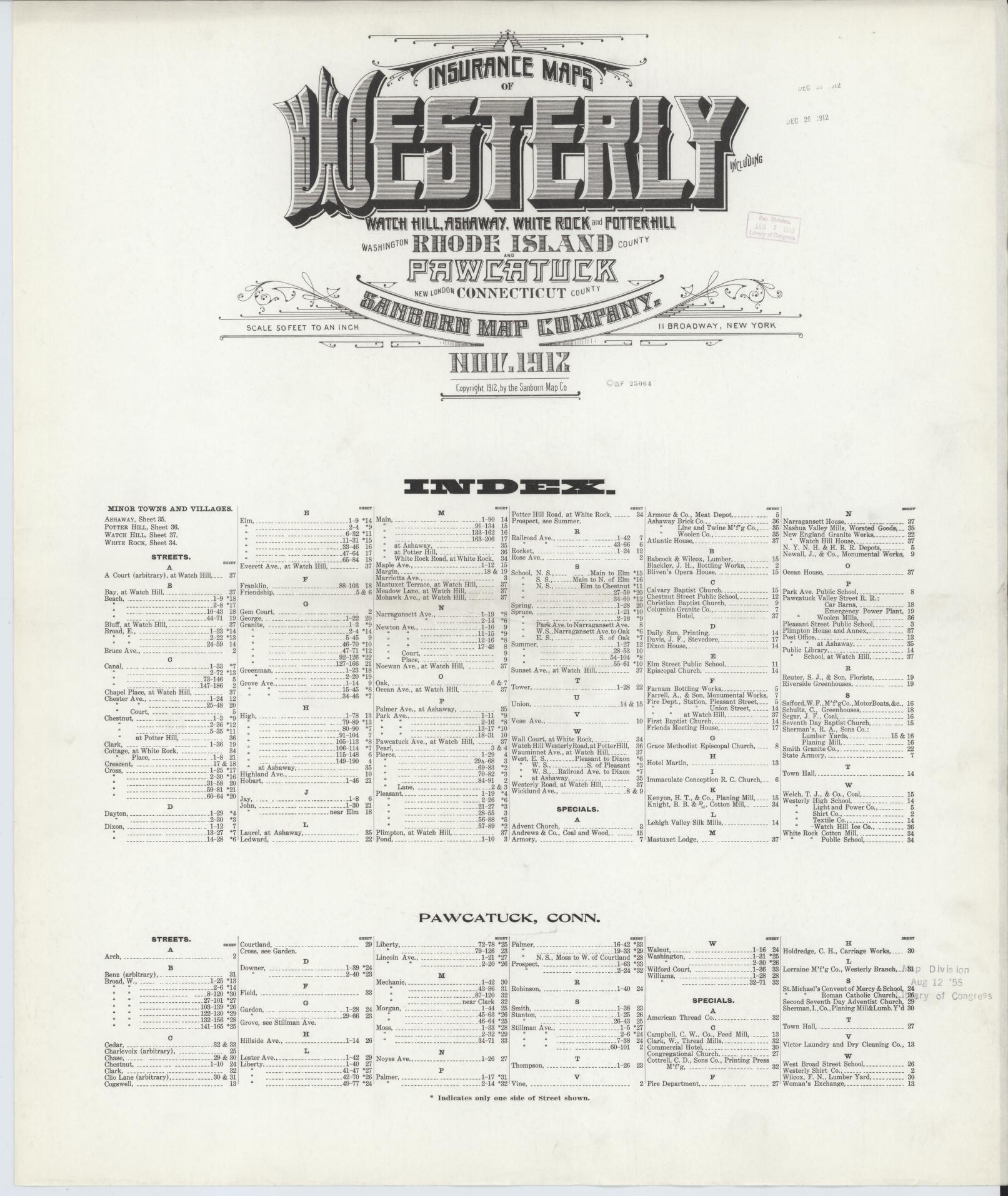 Sanborn Fire Insurance Map from Westerly, Washington County, Rhode Island. (1912) – Historic Sanborn Fire Insurance Map Print