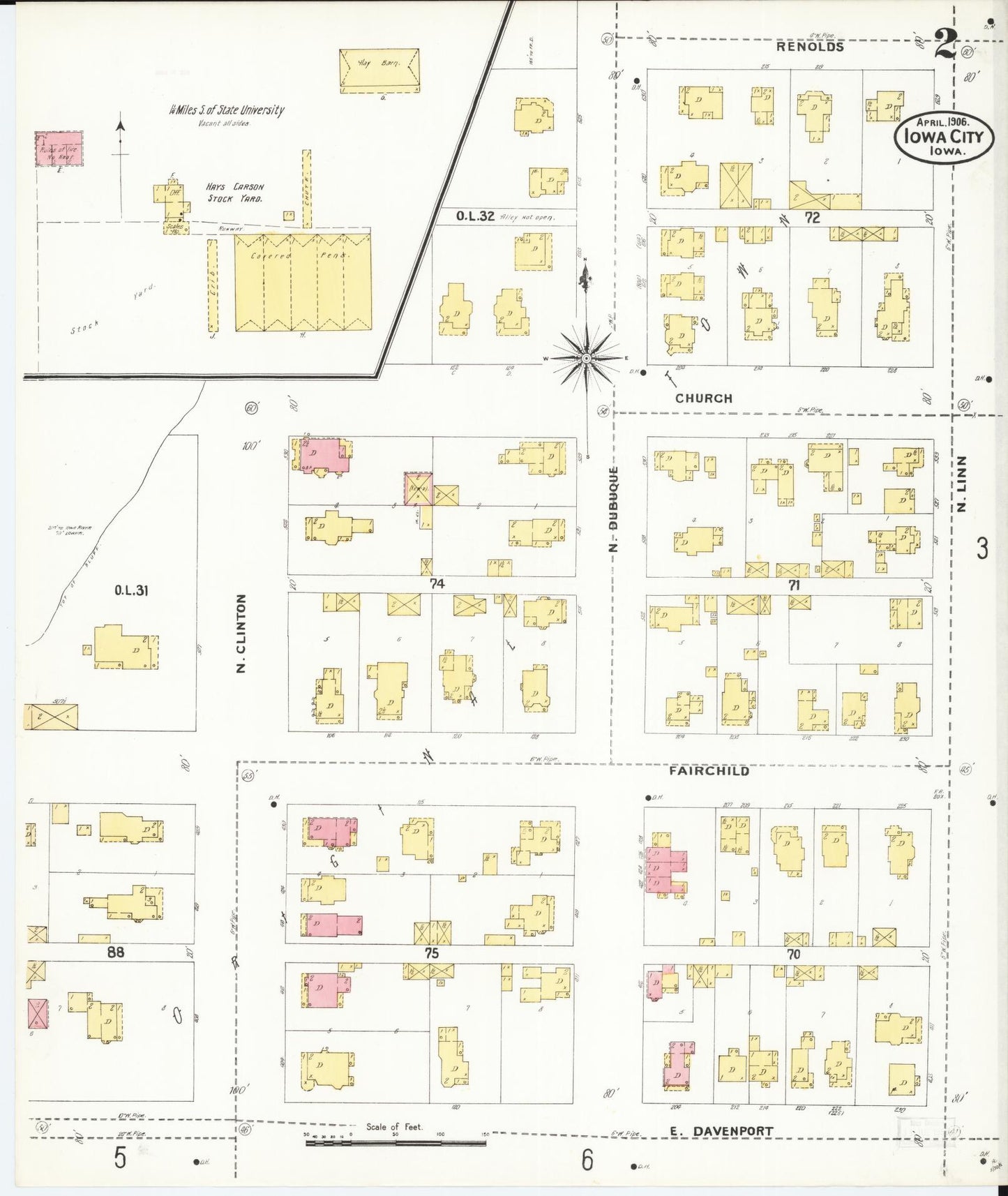 Sanborn Fire Insurance Map from Iowa City, Johnson County, Iowa (1906), Sheet #0002 - Historic Sanborn Fire Insurance Map Print, vintage old map wall art
