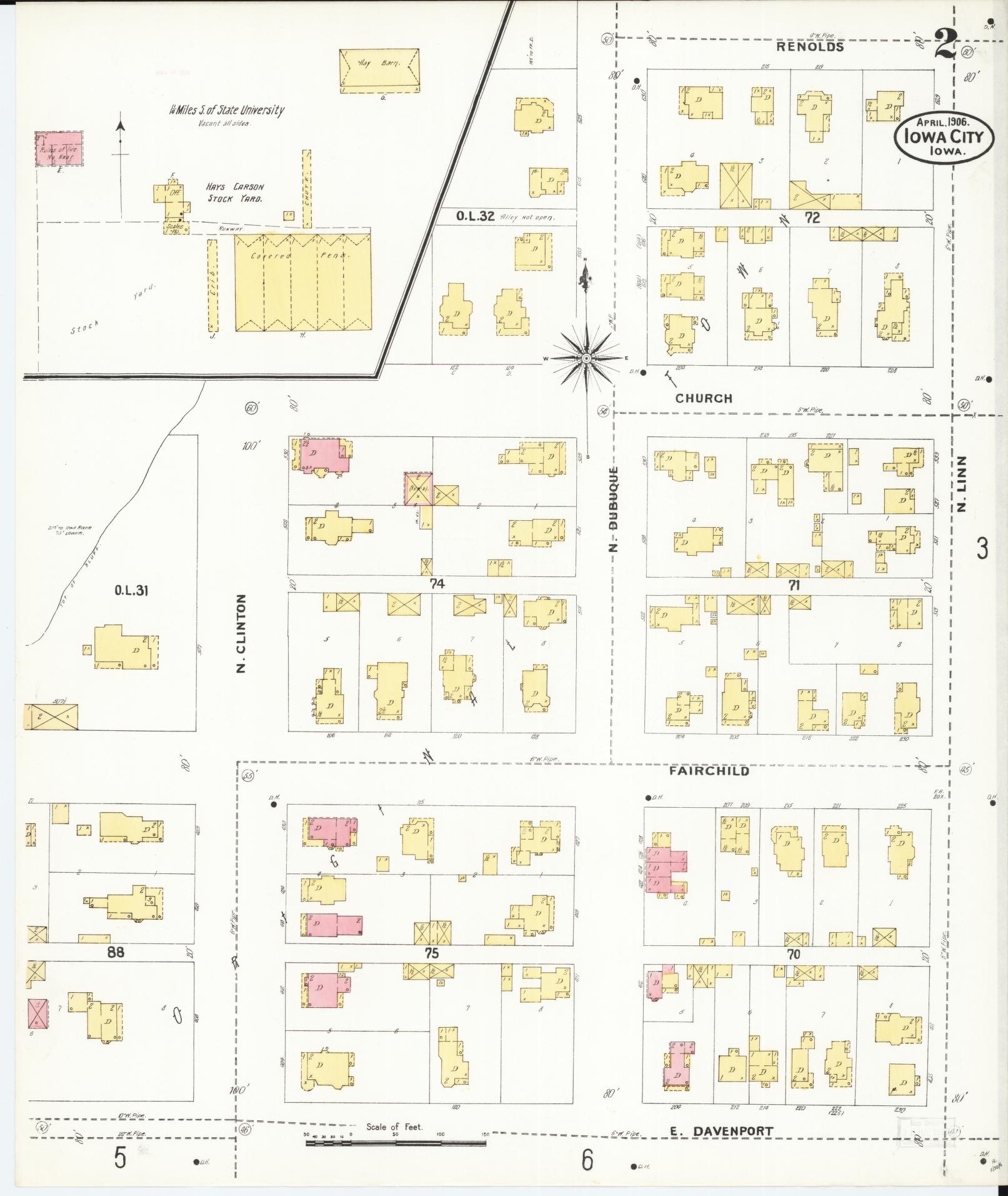 Sanborn Fire Insurance Map from Iowa City, Johnson County, Iowa (1906), Sheet #0002 - Historic Sanborn Fire Insurance Map Print, vintage old map wall art