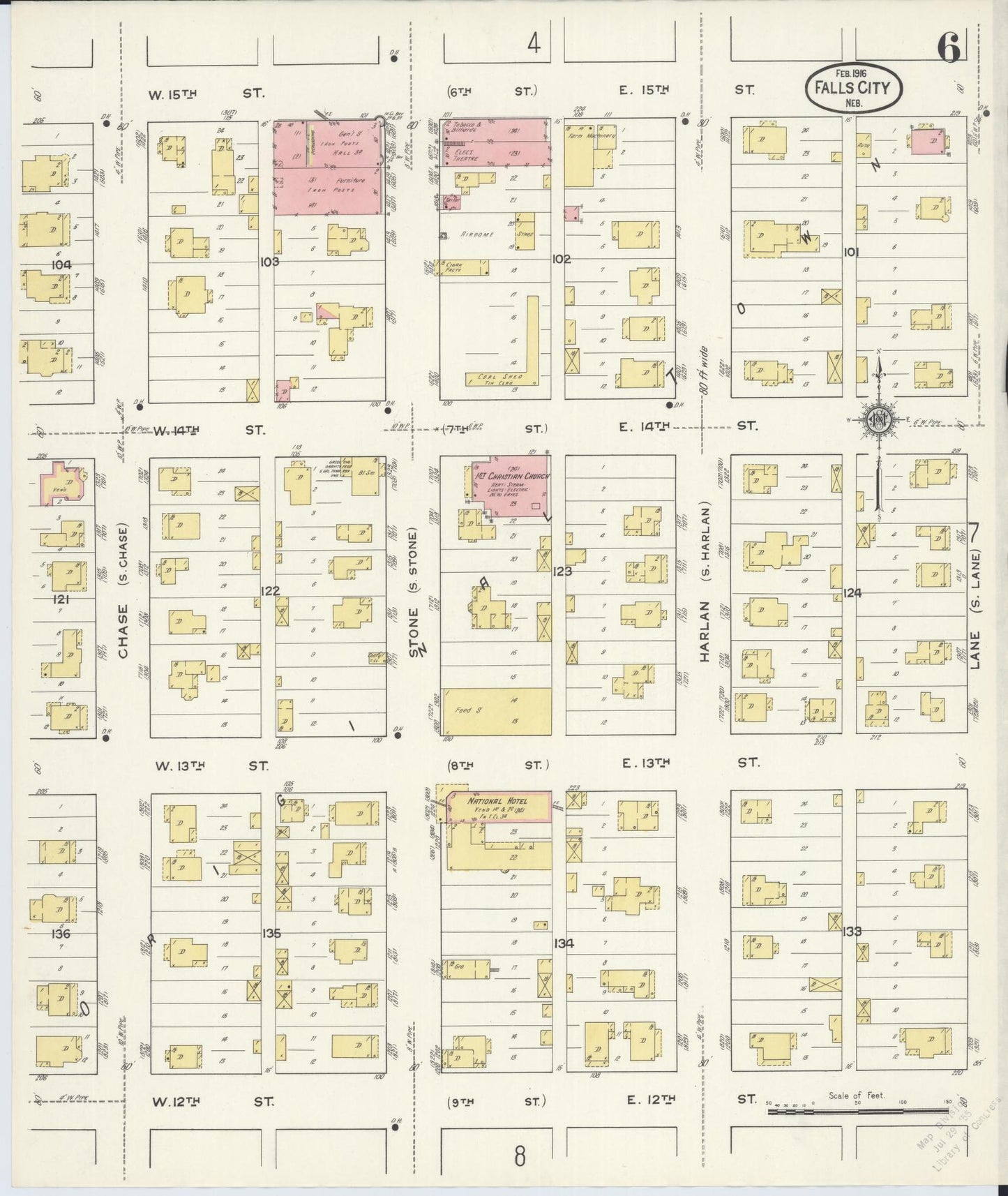 Sanborn Fire Insurance Map from Falls City, Richardson County, Nebraska (1916), Sheet #0006 - Historic Sanborn Fire Insurance Map Print, vintage old map wall art, antique decor, genealogy gift, Nebraska Nebraska map