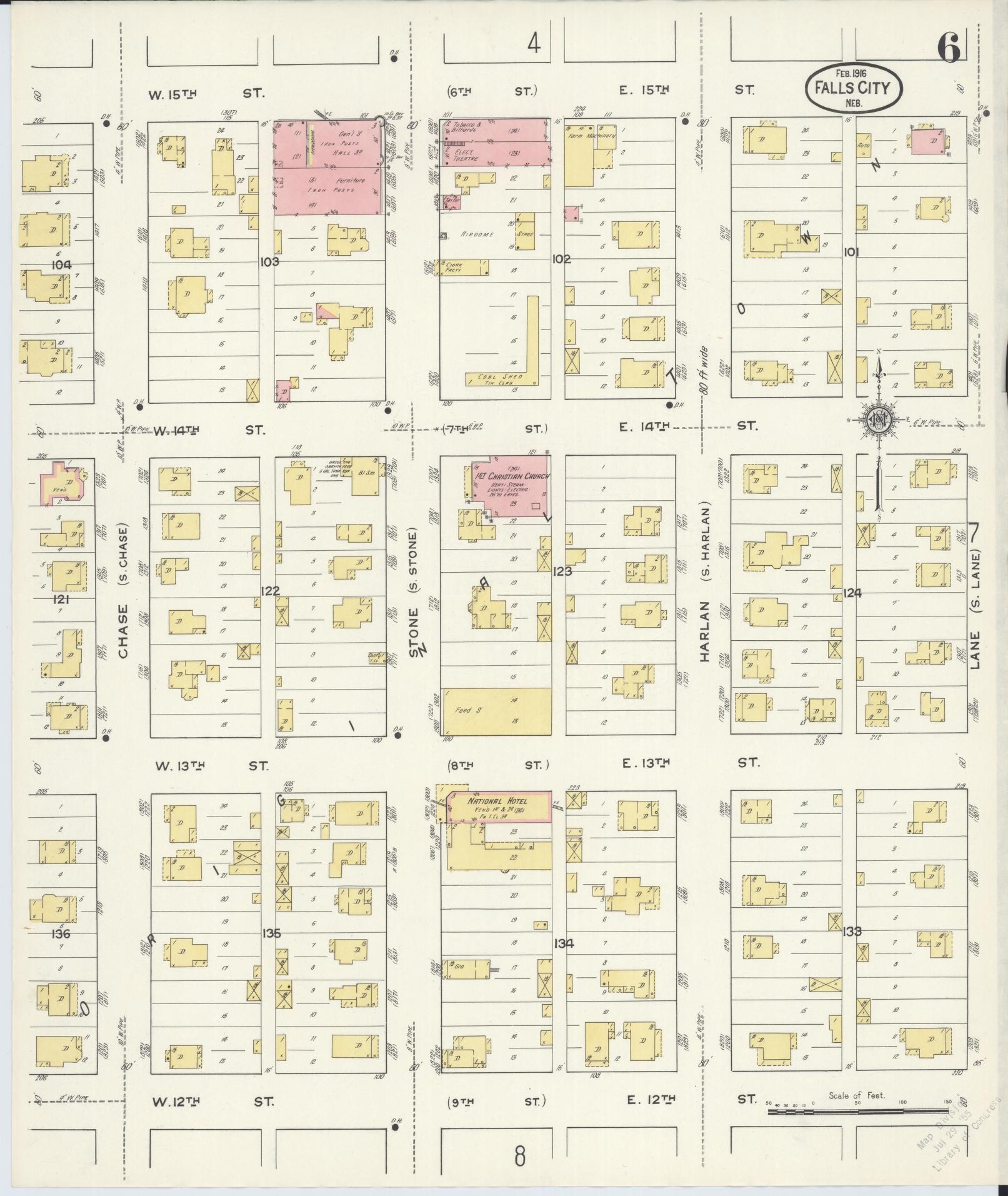 Sanborn Fire Insurance Map from Falls City, Richardson County, Nebraska (1916), Sheet #0006 - Historic Sanborn Fire Insurance Map Print, vintage old map wall art, antique decor, genealogy gift, Nebraska Nebraska map