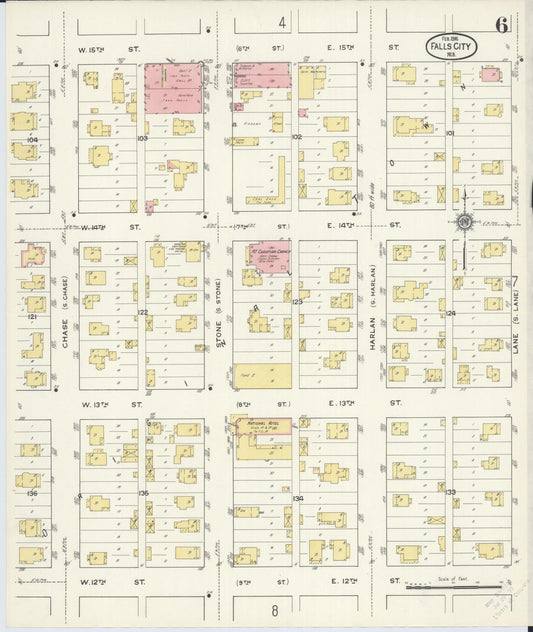 Sanborn Fire Insurance Map from Falls City, Richardson County, Nebraska (1916), Sheet #0006 - Historic Sanborn Fire Insurance Map Print, vintage old map wall art, antique decor, genealogy gift, Nebraska Nebraska map