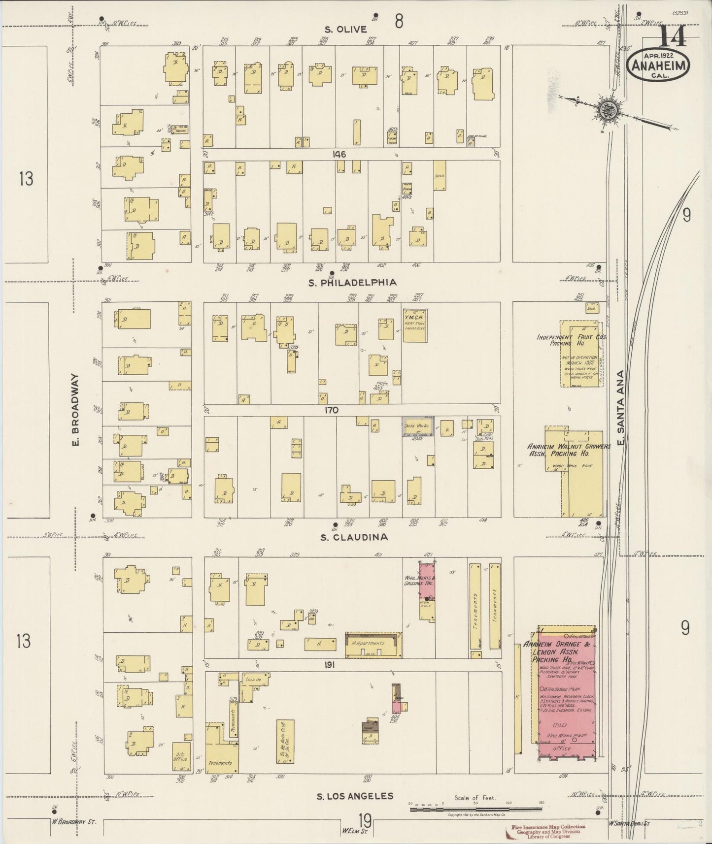 Sanborn Fire Insurance Map from Anaheim, Orange County, California (1922), Sheet #0014 - Historic Sanborn Fire Insurance Map Print, vintage old map wall art, antique decor, genealogy gift, California California map