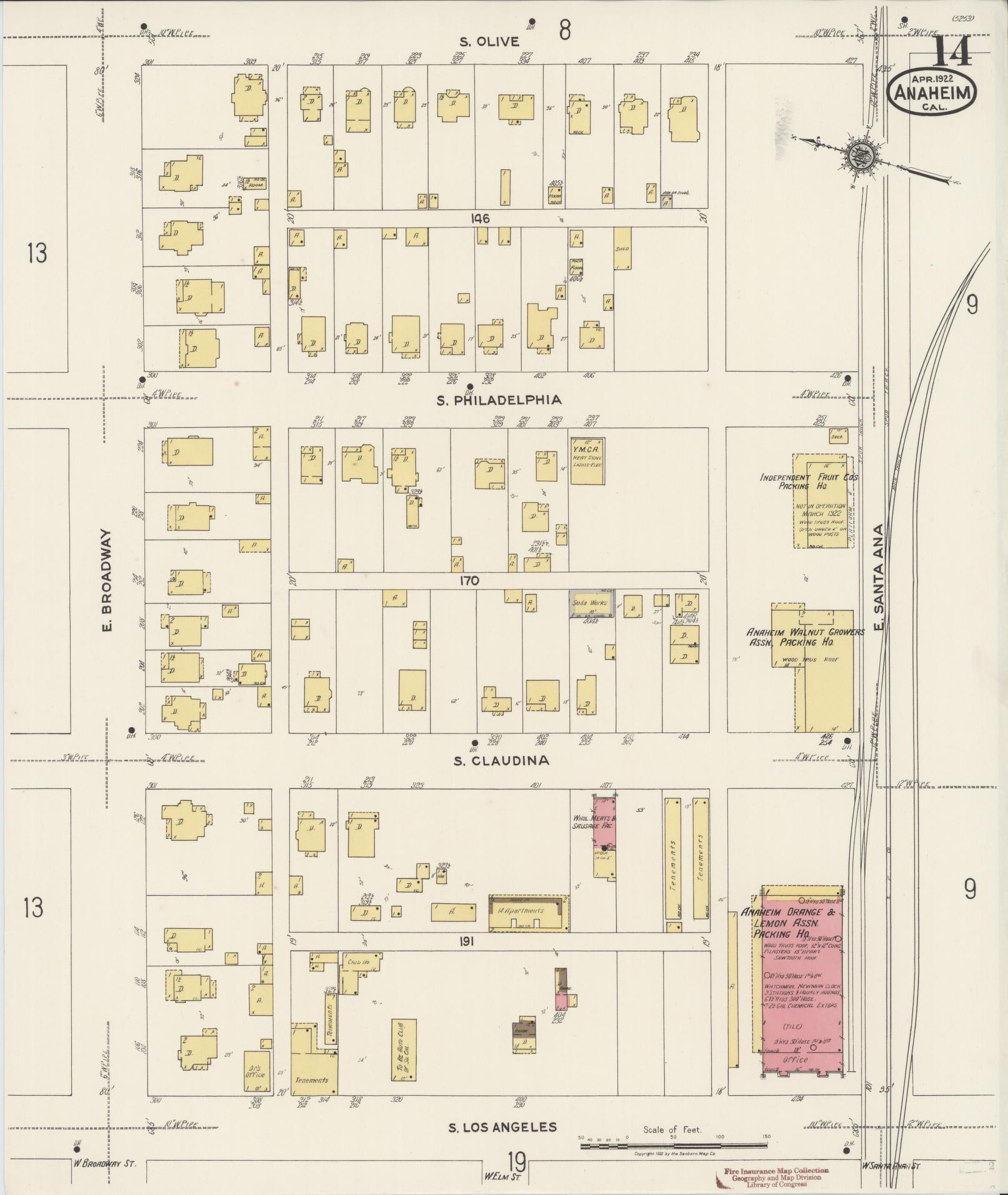 Sanborn Fire Insurance Map from Anaheim, Orange County, California (1922), Sheet #0014 - Historic Sanborn Fire Insurance Map Print, vintage old map wall art, antique decor, genealogy gift, California California map