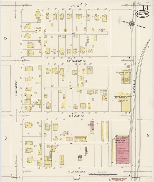 Sanborn Fire Insurance Map from Anaheim, Orange County, California (1922), Sheet #0014 - Historic Sanborn Fire Insurance Map Print, vintage old map wall art, antique decor, genealogy gift, California California map