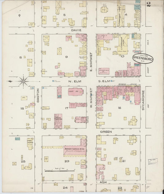 Sanborn Fire Insurance Map from Greensboro, Guilford County, North Carolina (1885), Sheet #0002 - Historic Sanborn Fire Insurance Map Print, vintage old map wall art, antique decor, genealogy gift, North Carolina North Carolina map