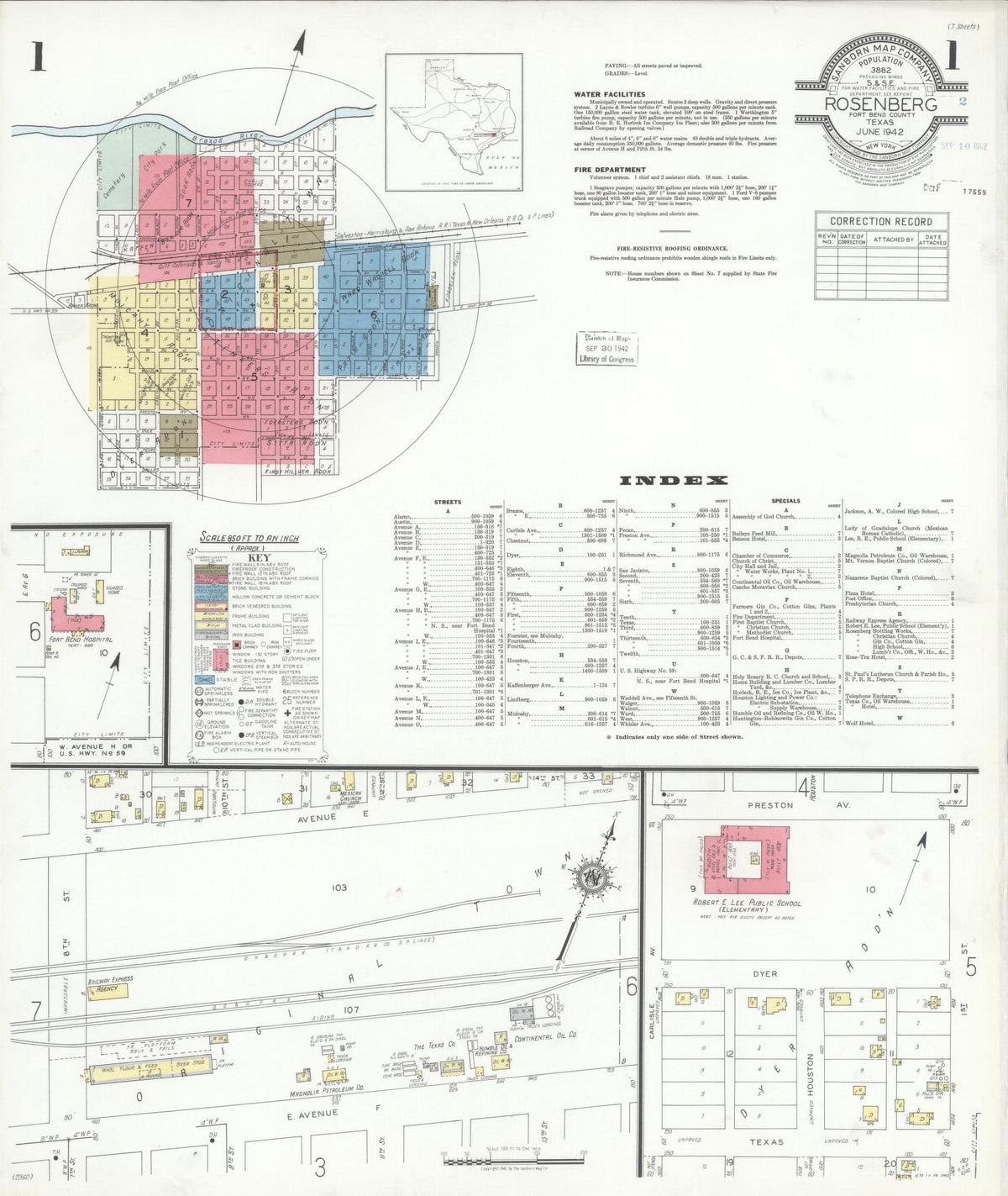 Sanborn Fire Insurance Map from Rosenberg, Fort Bend County, Texas (1942), Sheet #0001 - Historic Sanborn Fire Insurance Map Print, vintage old map wall art, antique decor, genealogy gift, Texas Texas map