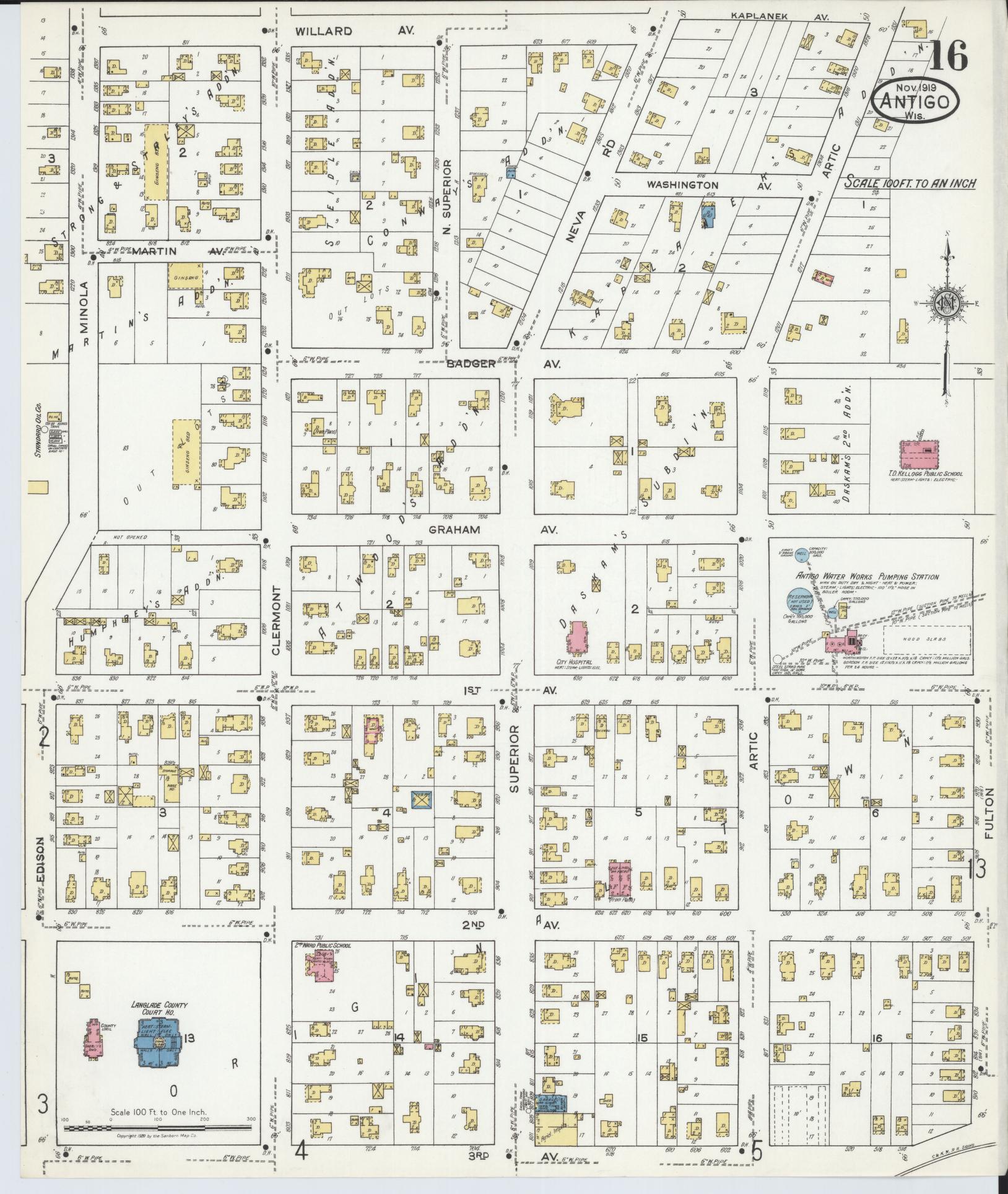 Sanborn Fire Insurance Map from Antigo, Langlade County, Wisconsin (1919), Sheet #0016 - Historic Sanborn Fire Insurance Map Print, vintage old map wall art, antique decor, genealogy gift, Wisconsin Wisconsin map