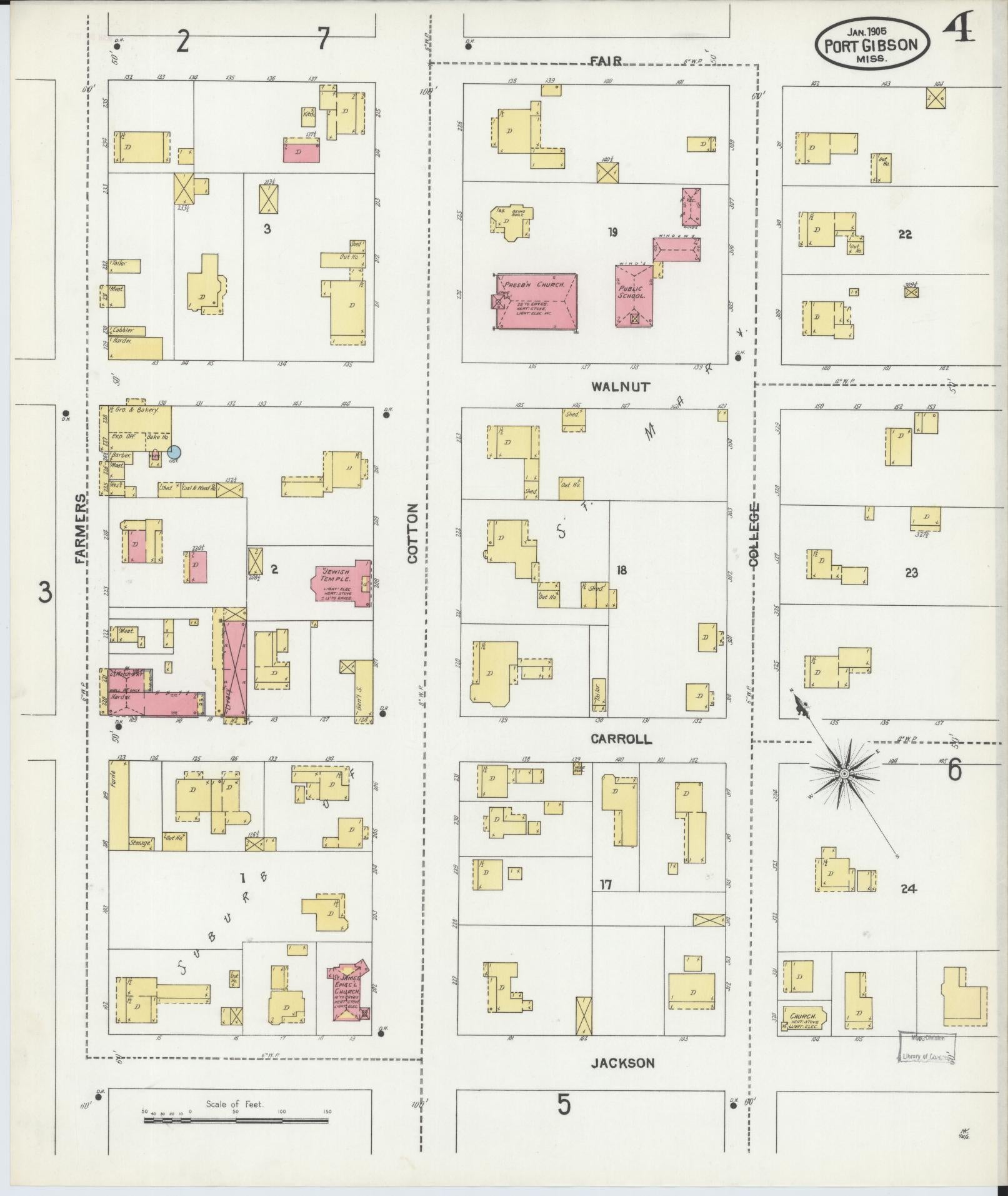 Sanborn Fire Insurance Map from Port Gibson, Claiborne County, Mississippi (1905), Sheet #0004 - Historic Sanborn Fire Insurance Map Print, vintage old map wall art, antique decor, genealogy gift, Mississippi Mississippi map
