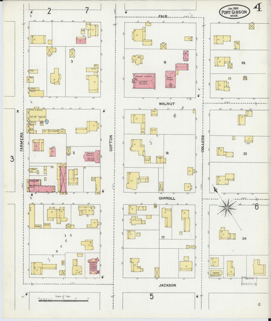 Sanborn Fire Insurance Map from Port Gibson, Claiborne County, Mississippi (1905), Sheet #0004 - Historic Sanborn Fire Insurance Map Print, vintage old map wall art, antique decor, genealogy gift, Mississippi Mississippi map