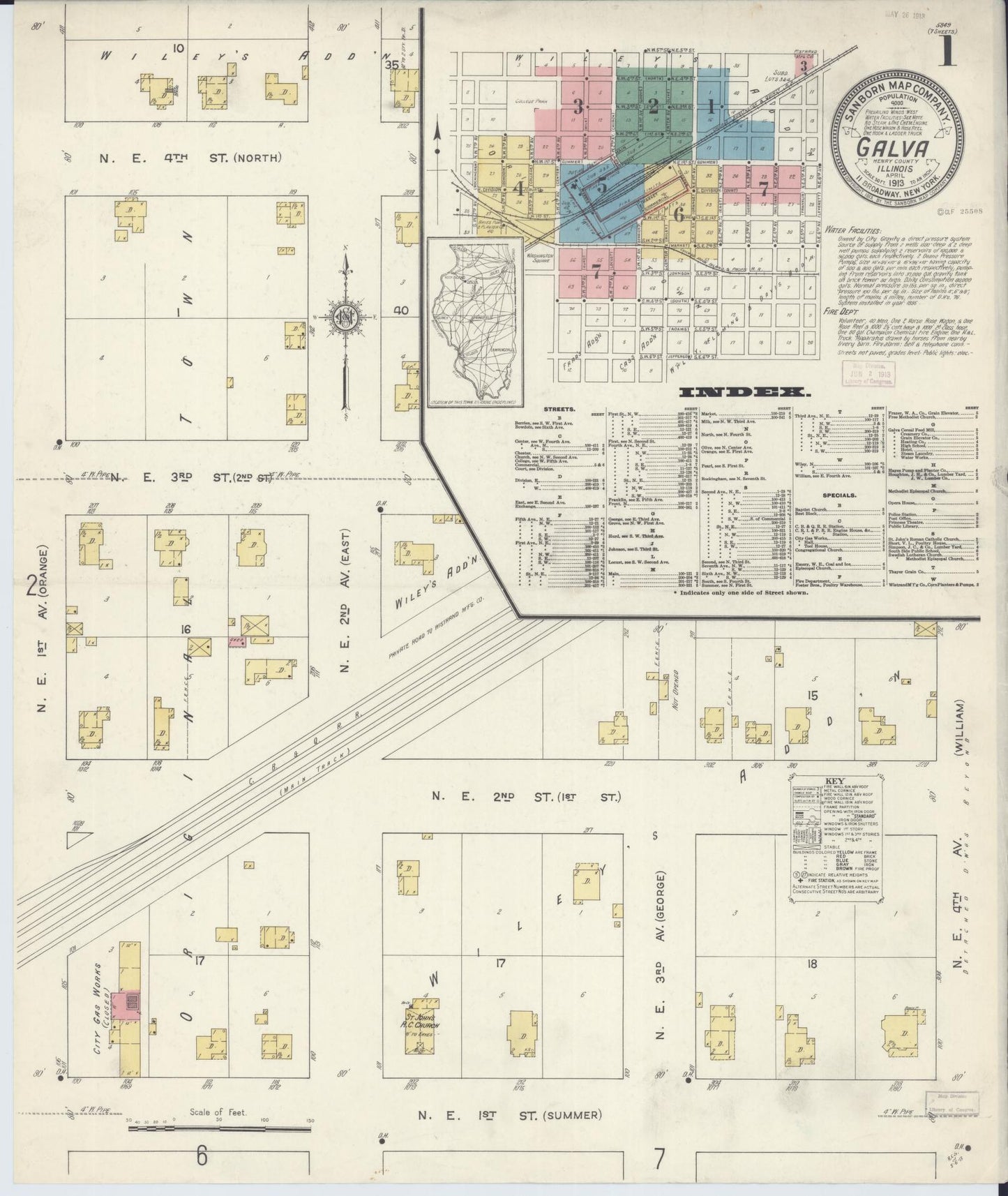 Sanborn Fire Insurance Map from Galva, Henry County, Illinois (1913), Sheet #0001 - Complete Map Set gallery image, historic Sanborn map, vintage wall art, Illinois Illinois
