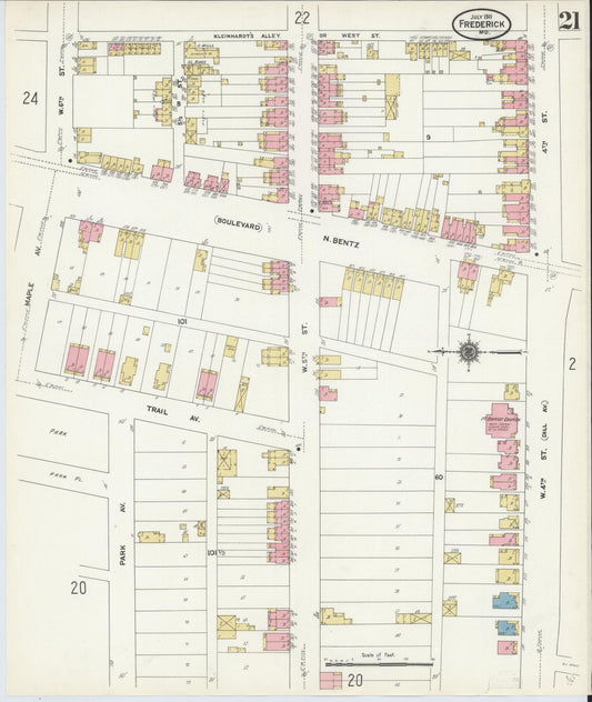 Sanborn Fire Insurance Map from Frederick, Frederick County, Maryland (1911), Sheet #0021 - Historic Sanborn Fire Insurance Map Print, vintage old map wall art, antique decor, genealogy gift, Maryland Maryland map