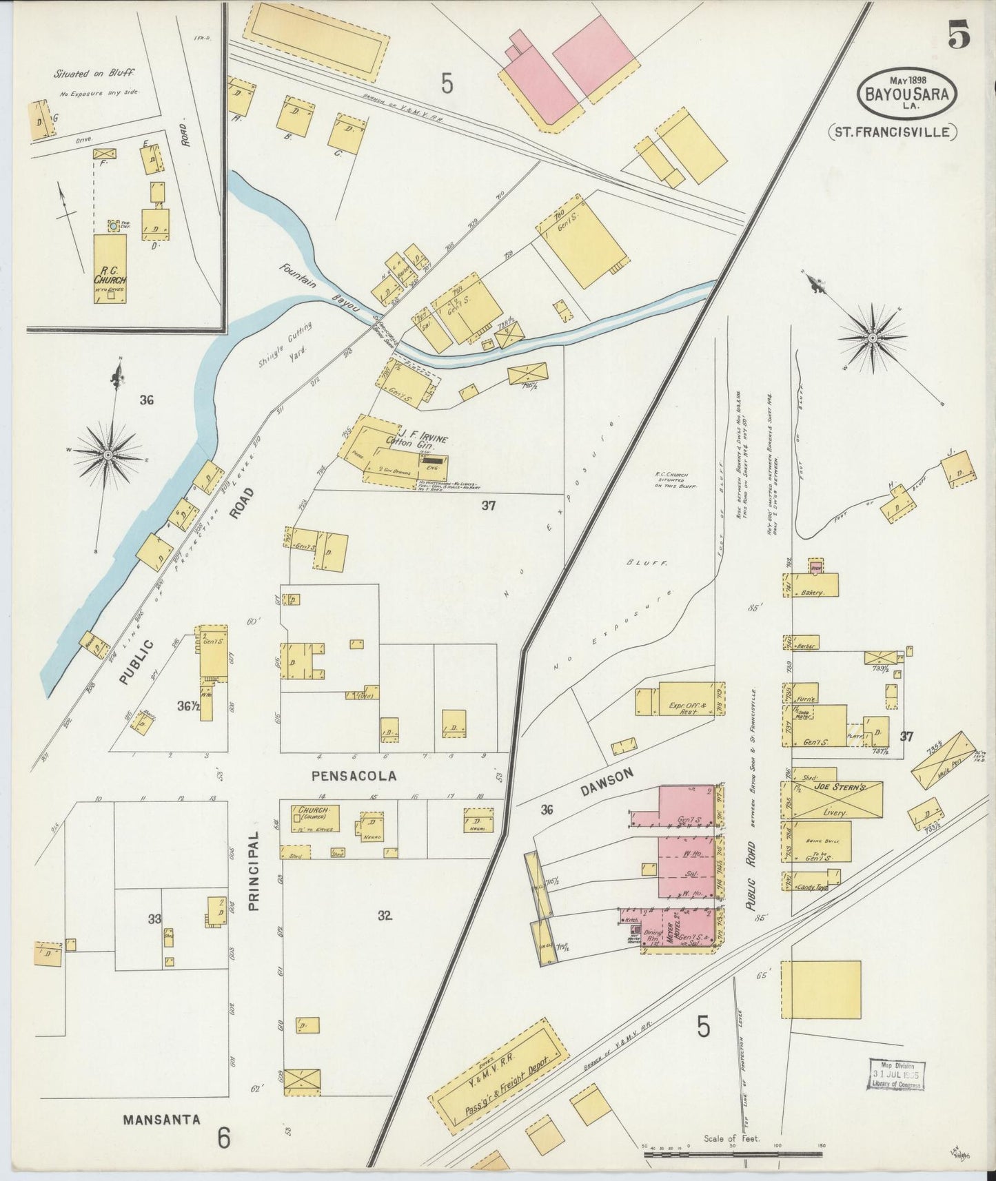 Sanborn Fire Insurance Map from Bayou Sara, West Feliciana Parish, Louisiana (1898), Sheet #0005 - Historic Sanborn Fire Insurance Map Print, vintage old map wall art, antique decor, genealogy gift, Louisiana Louisiana map