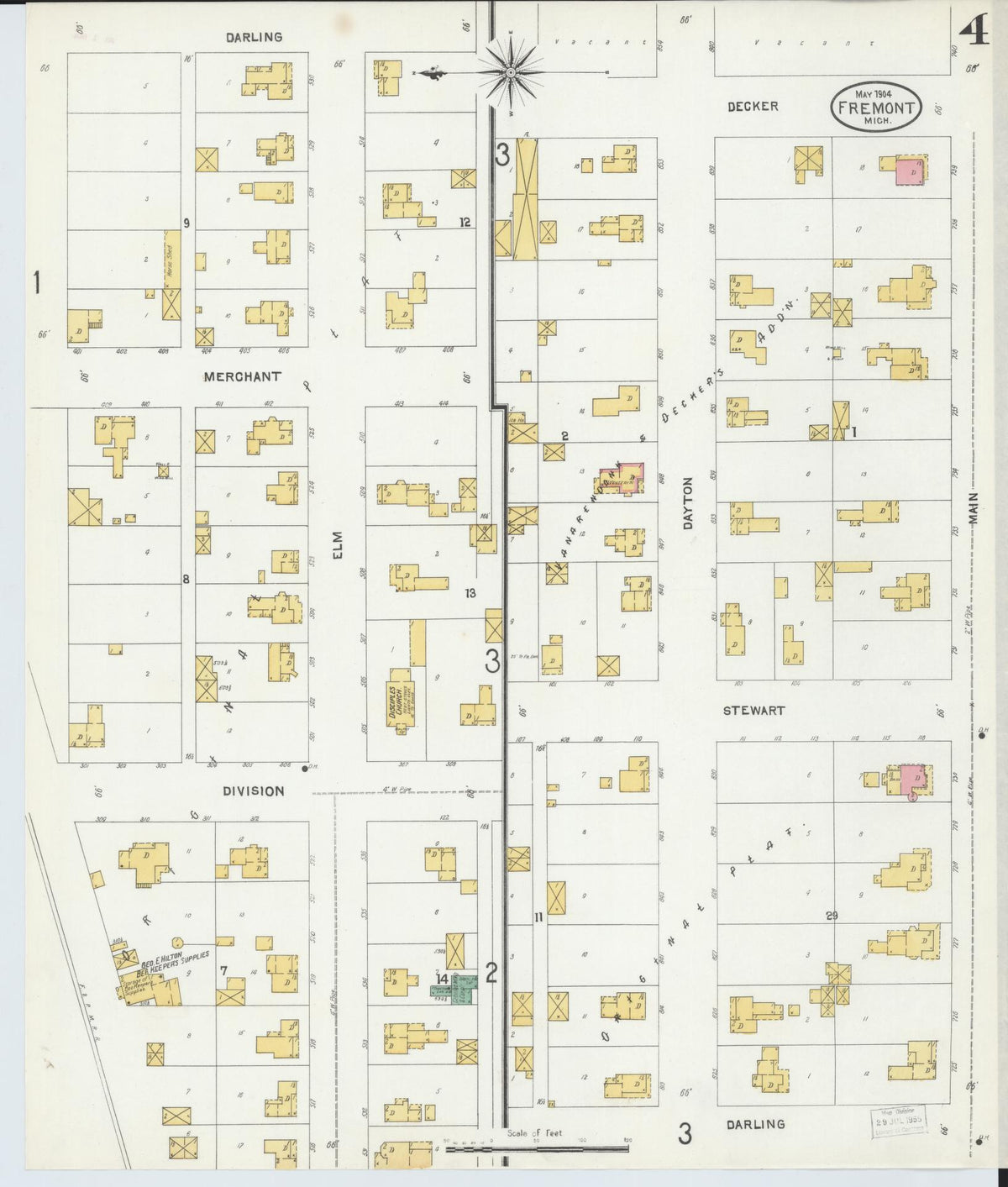 Sanborn Fire Insurance Map from Fremont, Newaygo County, Michigan (1904), Sheet #0004 - Historic Sanborn Fire Insurance Map Print, vintage old map wall art, antique decor, genealogy gift, Michigan Michigan map