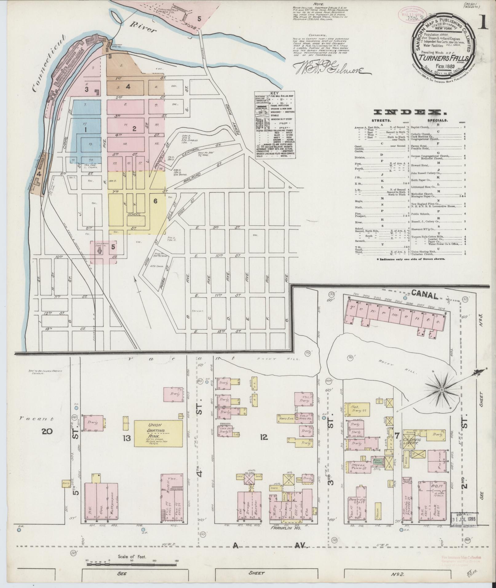 Sanborn Fire Insurance Map from Turners Falls, Franklin County, Massachusetts (1889), Sheet #0001 - Historic Sanborn Fire Insurance Map Print, vintage old map wall art, antique decor, genealogy gift, Massachusetts Massachusetts map