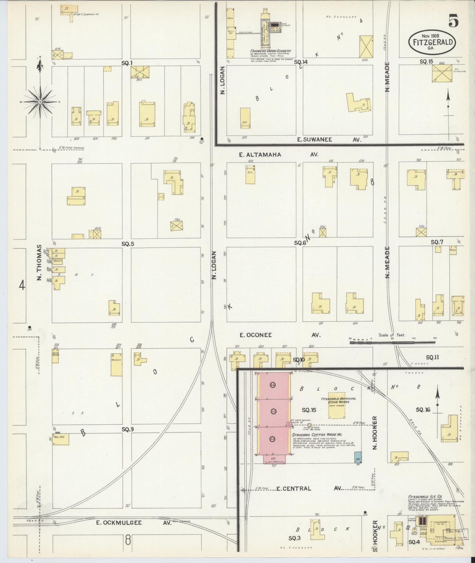 Sanborn Fire Insurance Map from Fitzgerald, Ben Hill County, Georgia (1908), Sheet #0005 - Historic Sanborn Fire Insurance Map Print, vintage old map wall art, antique decor, genealogy gift, Georgia Georgia map