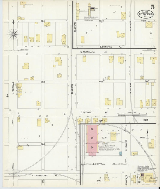 Sanborn Fire Insurance Map from Fitzgerald, Ben Hill County, Georgia (1908), Sheet #0005 - Historic Sanborn Fire Insurance Map Print, vintage old map wall art, antique decor, genealogy gift, Georgia Georgia map