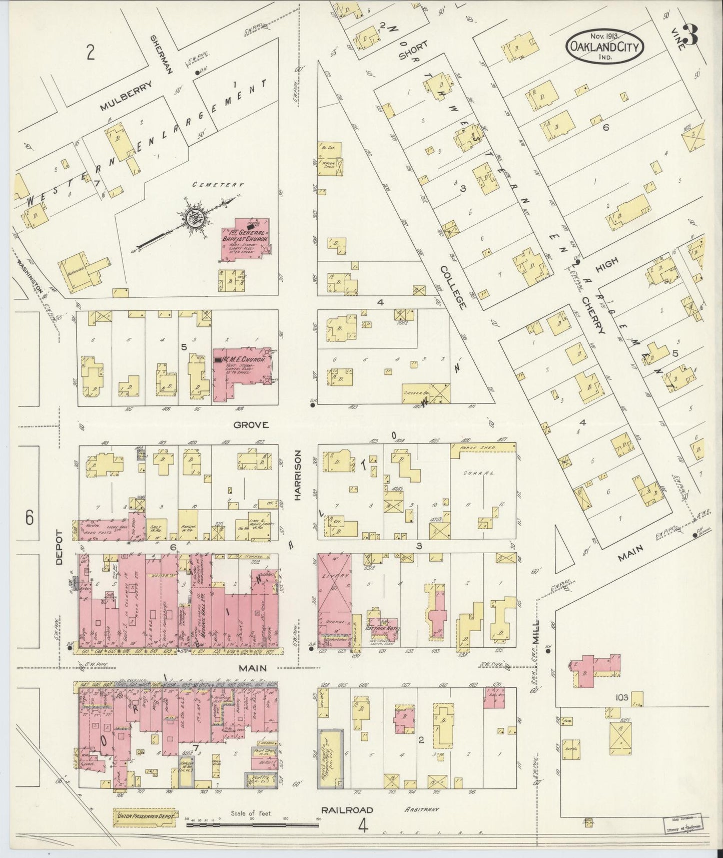Sanborn Fire Insurance Map from Oakland City, Gibson County, Indiana (1913), Sheet #0003 - Complete Map Set gallery image, historic Sanborn map, vintage wall art, Indiana Indiana