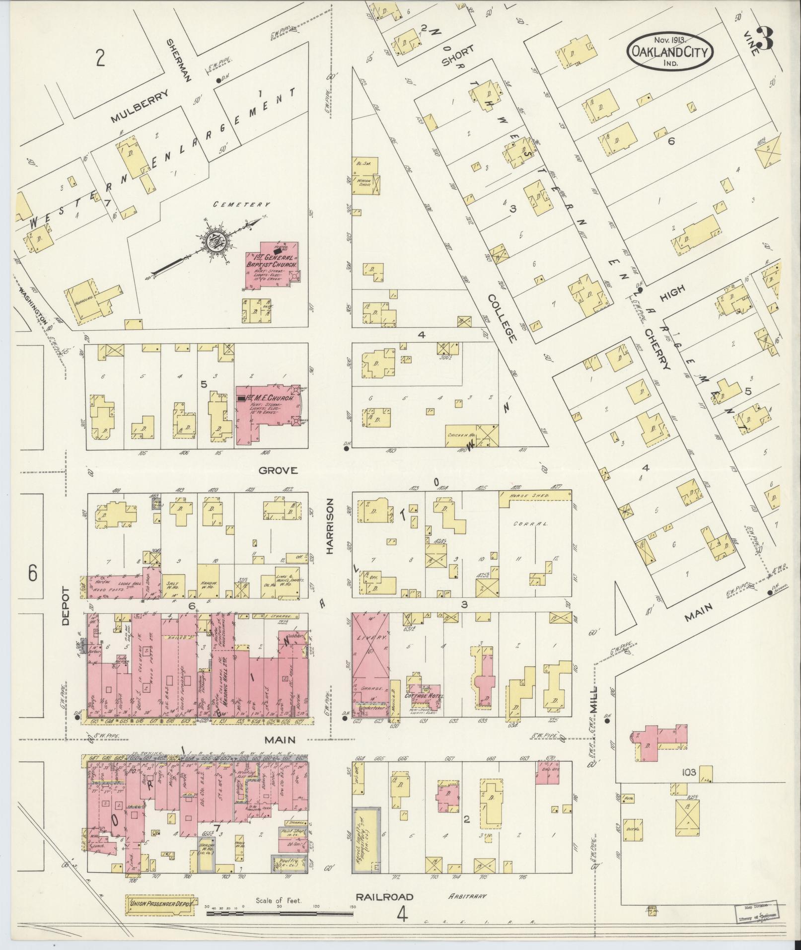 Sanborn Fire Insurance Map from Oakland City, Gibson County, Indiana (1913), Sheet #0003 - Complete Map Set gallery image, historic Sanborn map, vintage wall art, Indiana Indiana