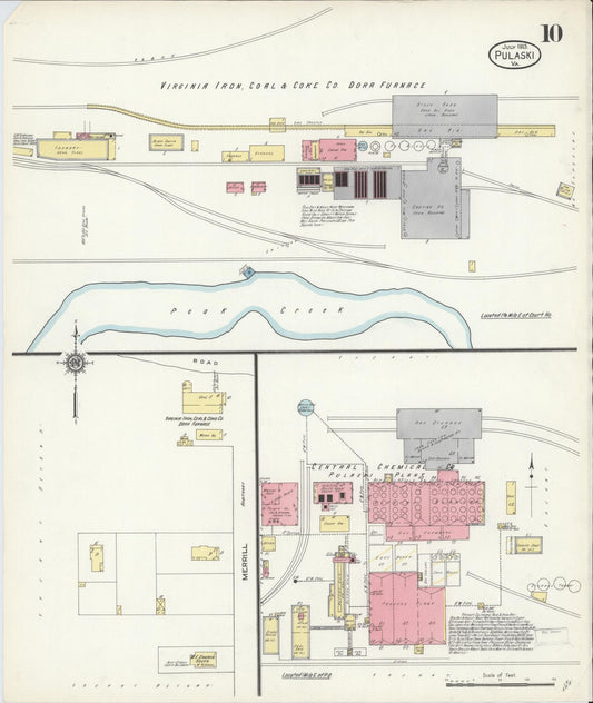 Sanborn Fire Insurance Map from Pulaski, Pulaski County, Virginia (1913), Sheet #0010 - Historic Sanborn Fire Insurance Map Print, vintage old map wall art, antique decor, genealogy gift, Virginia Virginia map