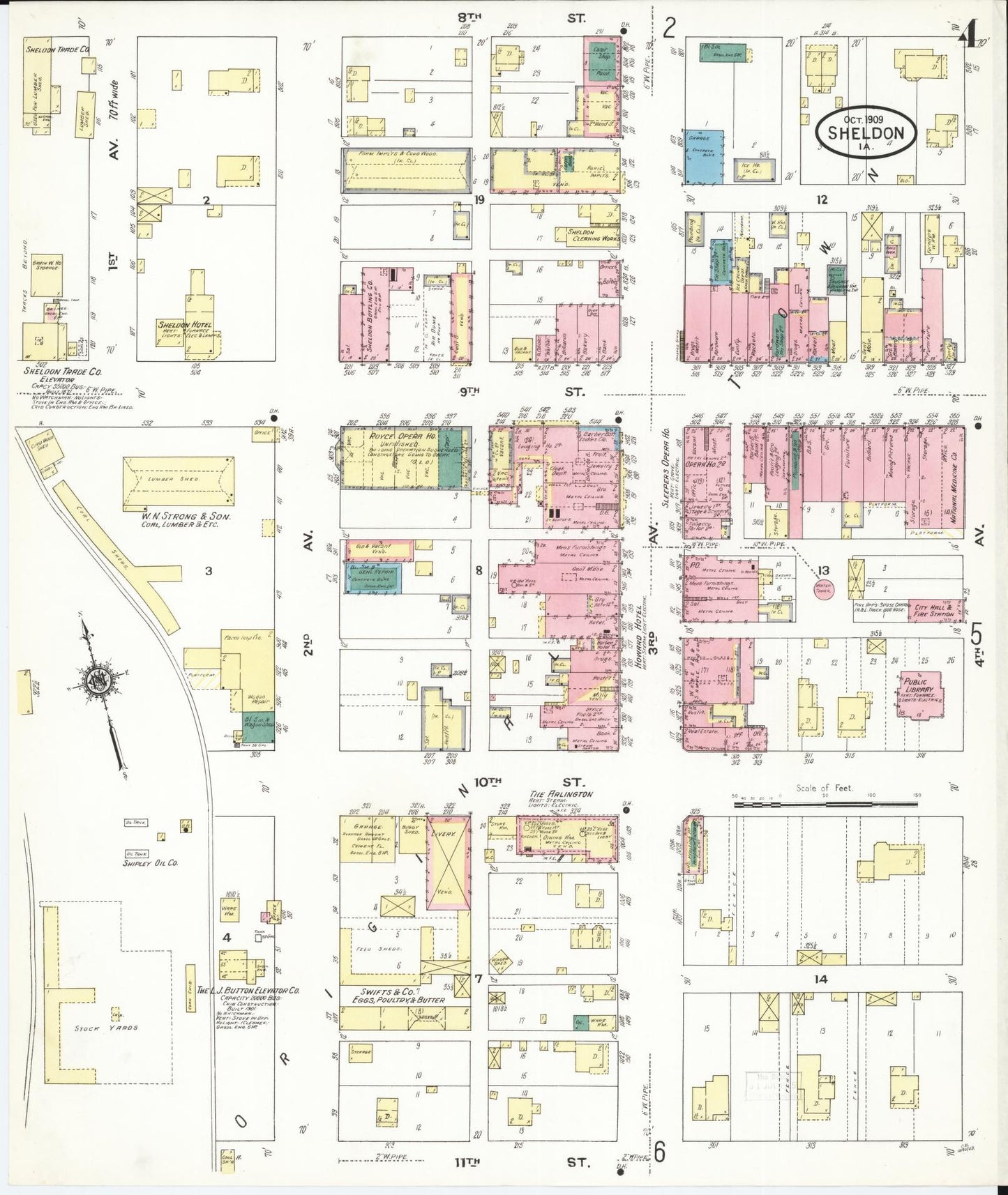 Sanborn Fire Insurance Map from Sheldon, O'Brien County, Iowa (1909), Sheet #0004 - Historic Sanborn Fire Insurance Map Print, vintage old map wall art