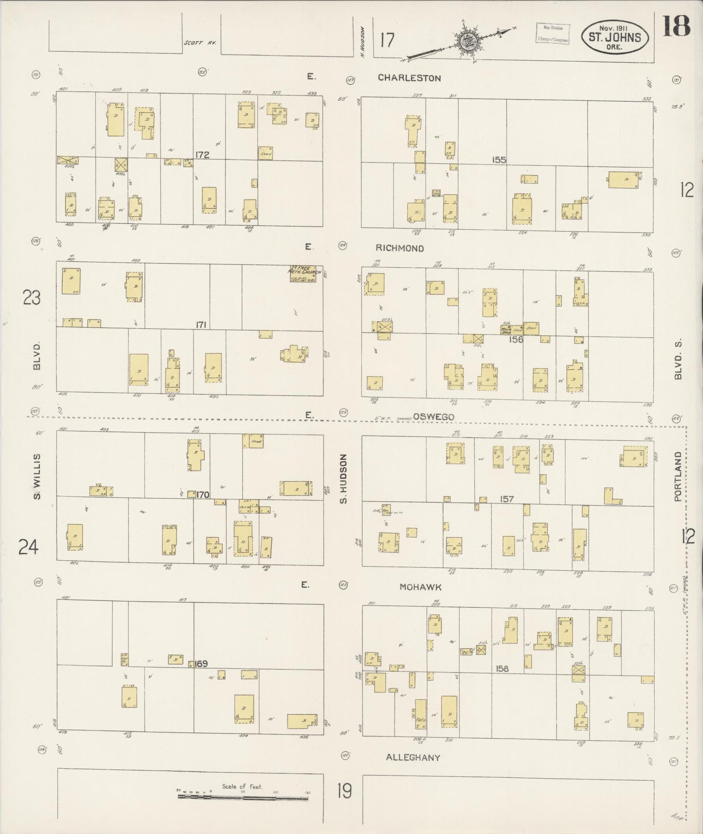 Sanborn Fire Insurance Map from Saint Johns, Multnomah County, Oregon (1911), Sheet #0018 - Complete Map Set gallery image, historic Sanborn map, vintage wall art, Oregon Oregon